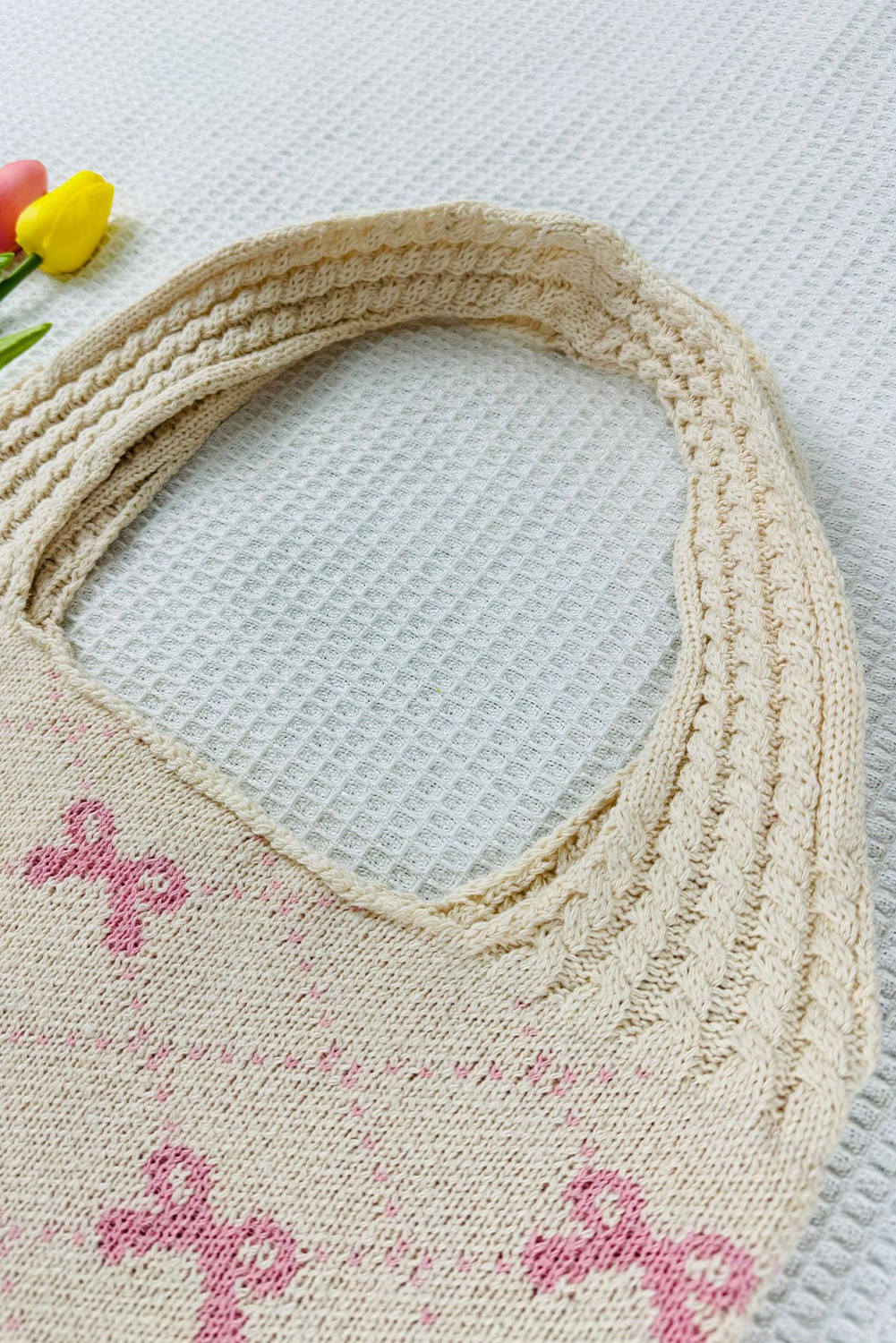Beige Sweet Bowknot Textured Strap Knit Shoulder Bag - loveforevers