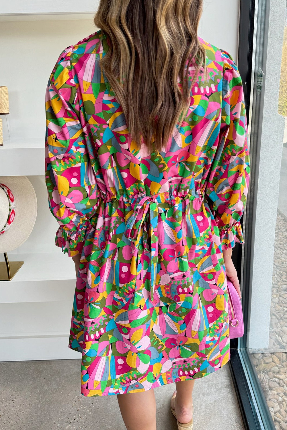 Pink Abstract Printed Lantern Sleeve Buttoned Mini Dress - loveforevers