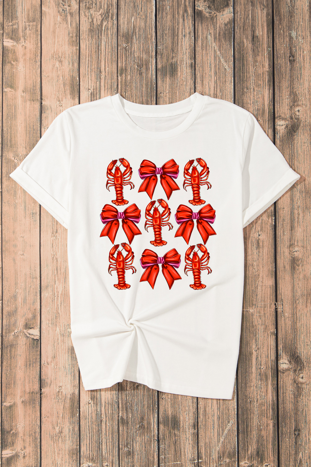 White Crawfish Bow Printed Casual T Shirt - loveforevers