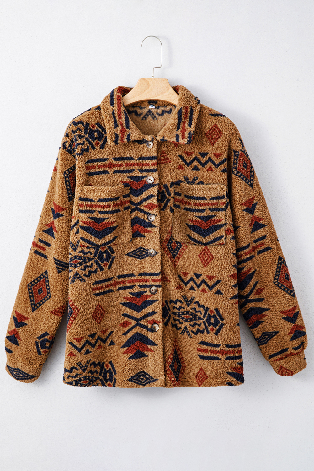 Khaki Western Aztec Pattern Fleece Shacket - loveforevers