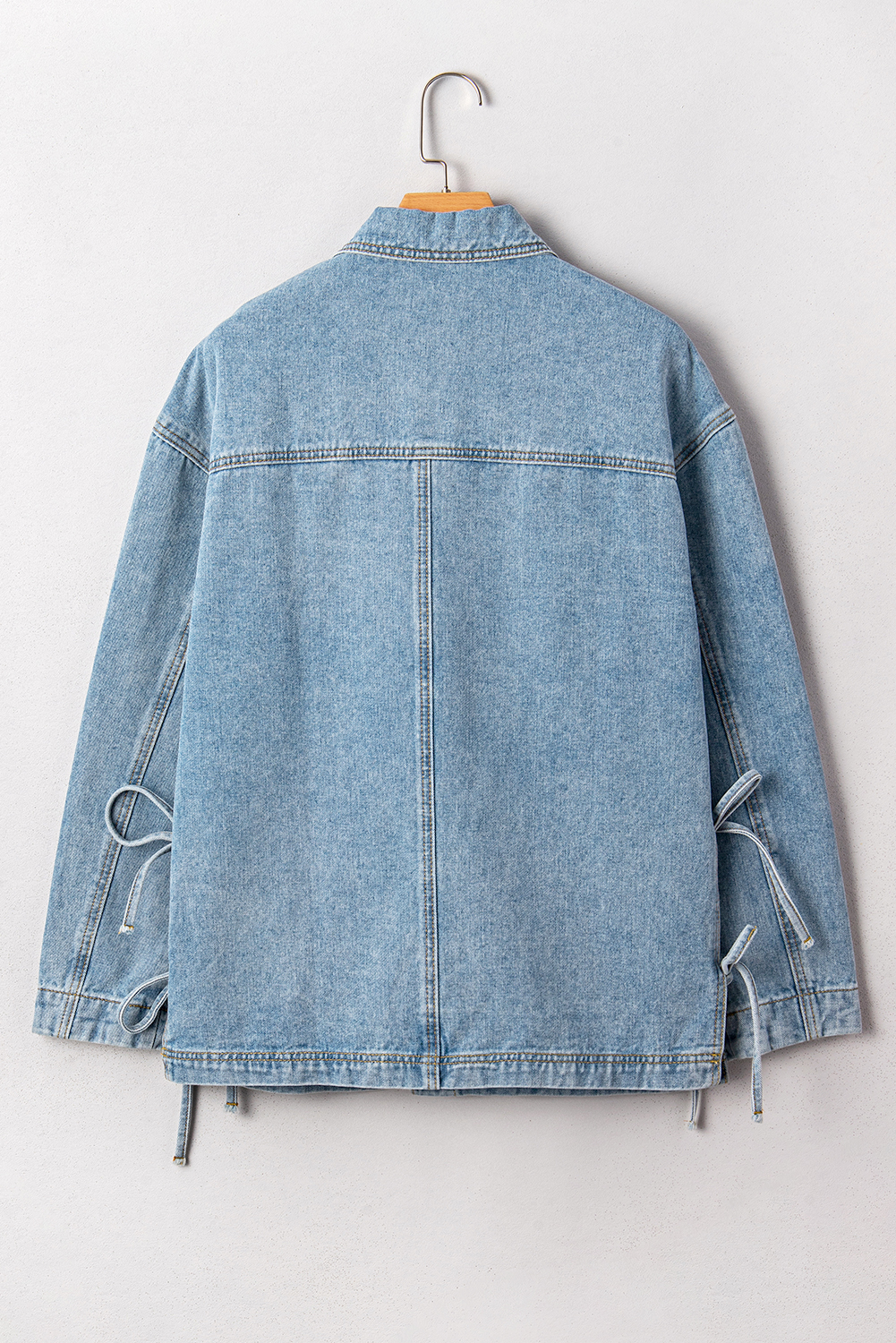 Beau Blue Multi Patched Pockets Side Tie up Boyfriend Style Denim Jacket - loveforevers