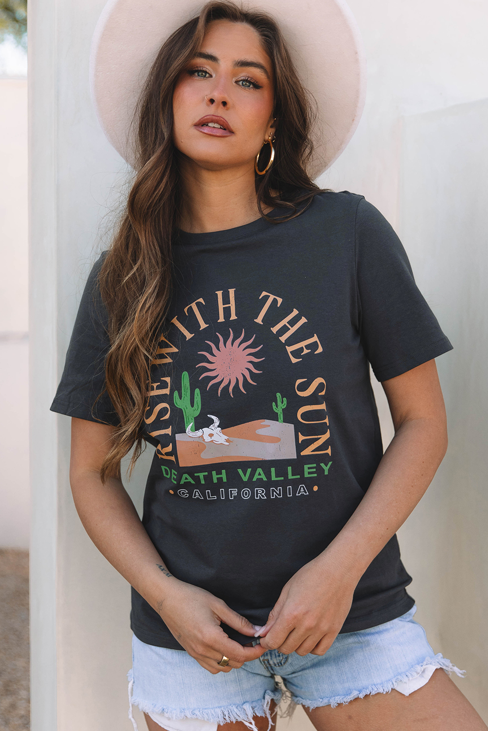 Dark Grey RISE WITH THE SUN Western Fashion Graphic Tee - loveforevers