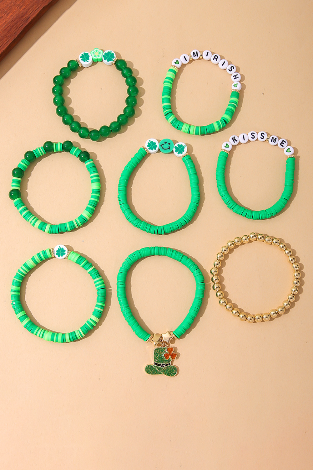 Green St Patricks Shamrock Letter Beaded Multi Layer Bracelet Set - loveforevers