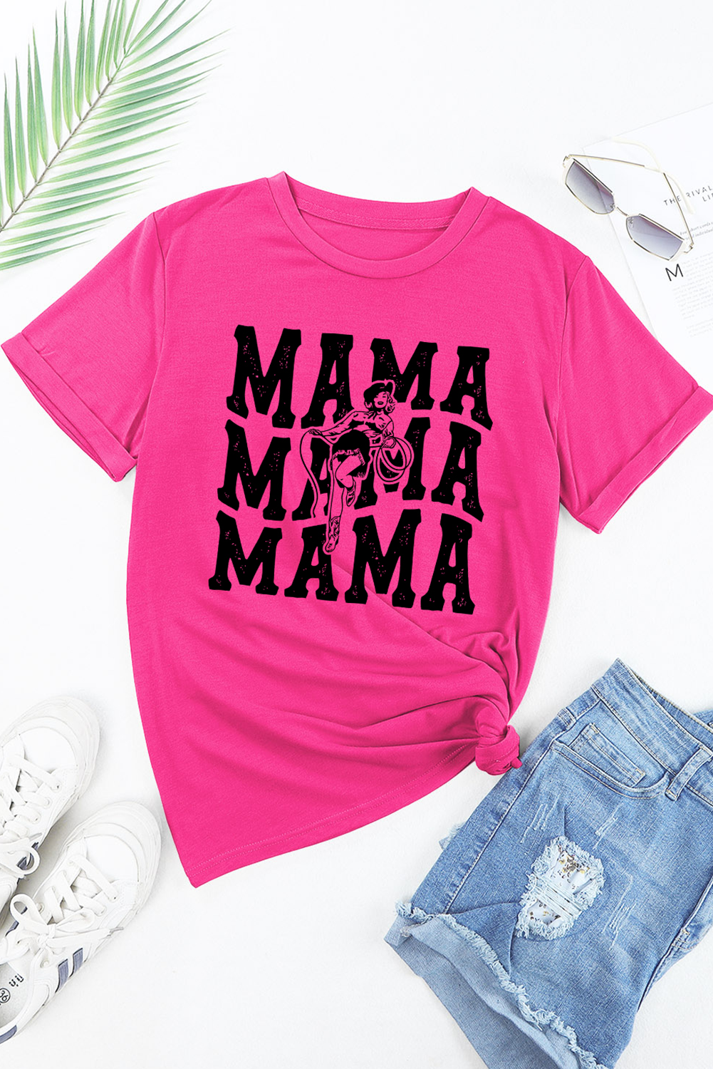 Rose Red Western MAMA Print Crew Neck T Shirt - loveforevers