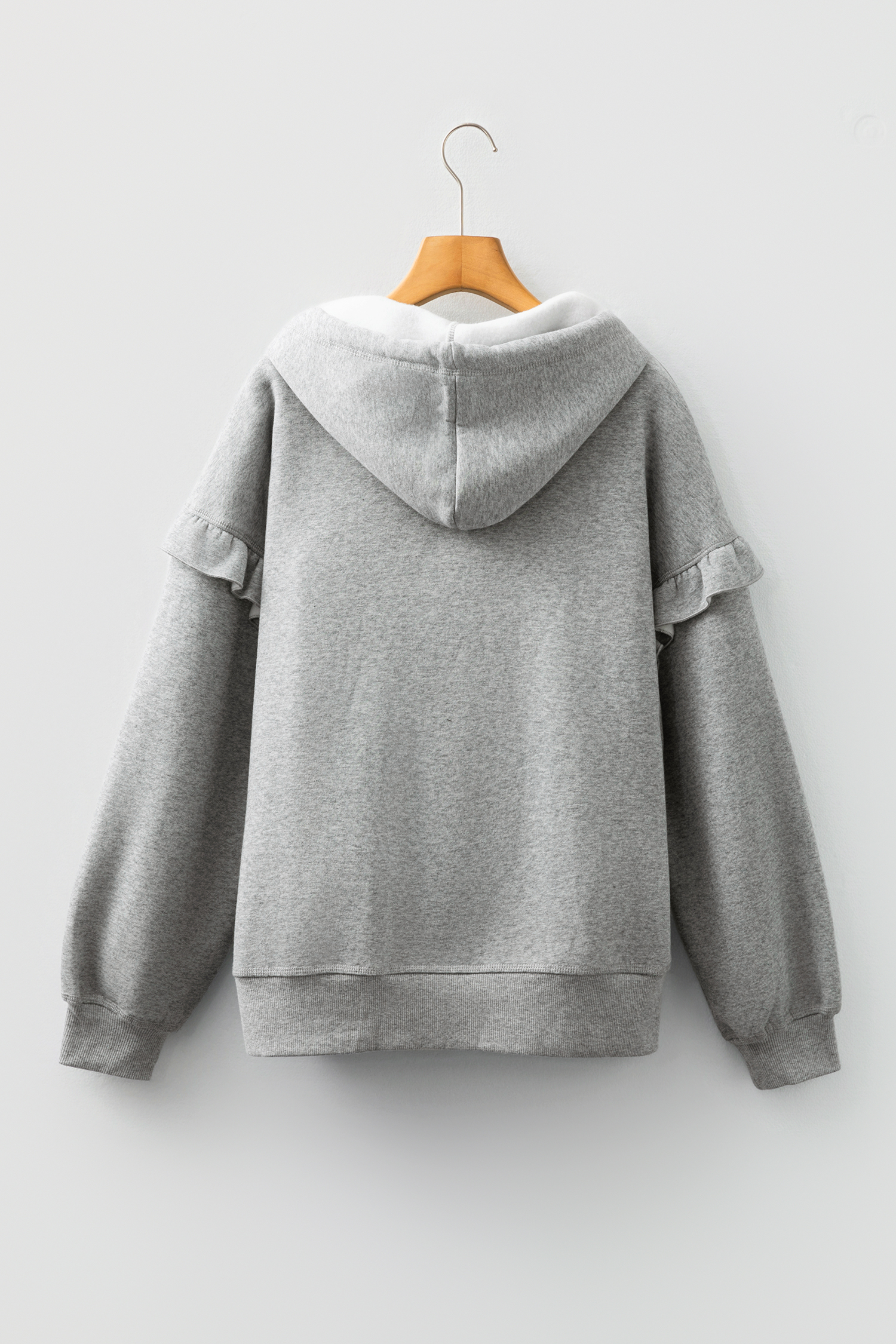 Gray Contrast Rope Drawstring Ruffle Trim Drop Shoulder Baggy Hoodie - loveforevers