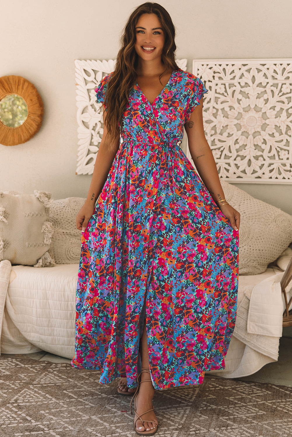 Blue Floral Print V Neck Wrap Split Maxi Dress - loveforevers