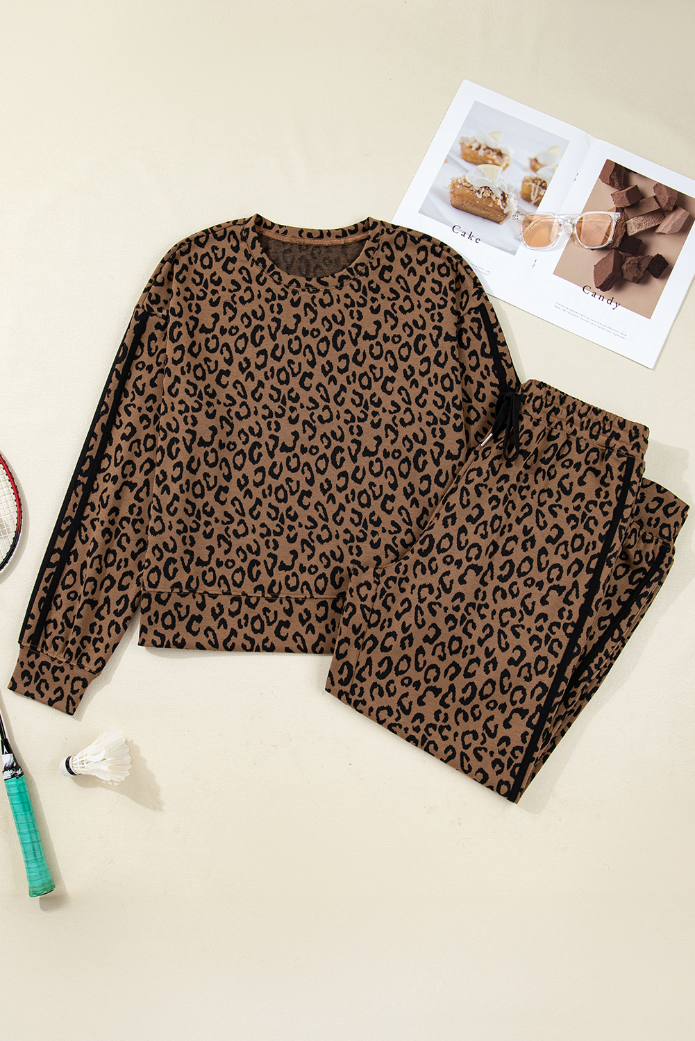 Brown Varsity Striped Trim Leopard Long Sleeve Top Drawstring Pant Set - loveforevers