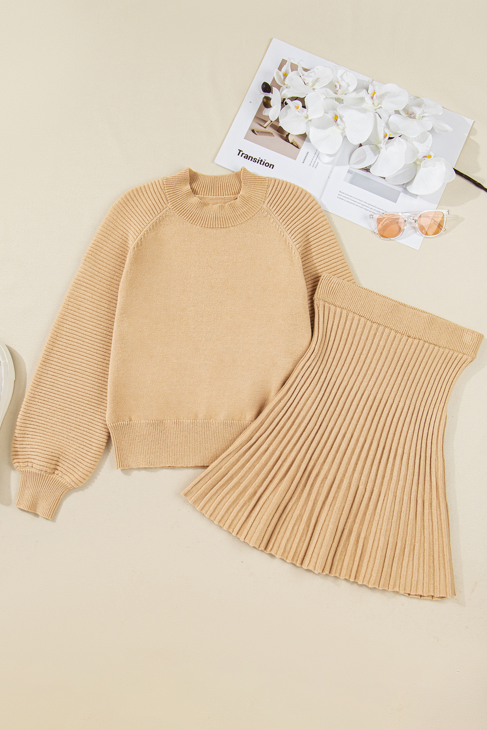Smoke Gray High Neck Puff Sleeve Sweater Pleated Mini Skirt 2pcs Knitted Outfit - loveforevers