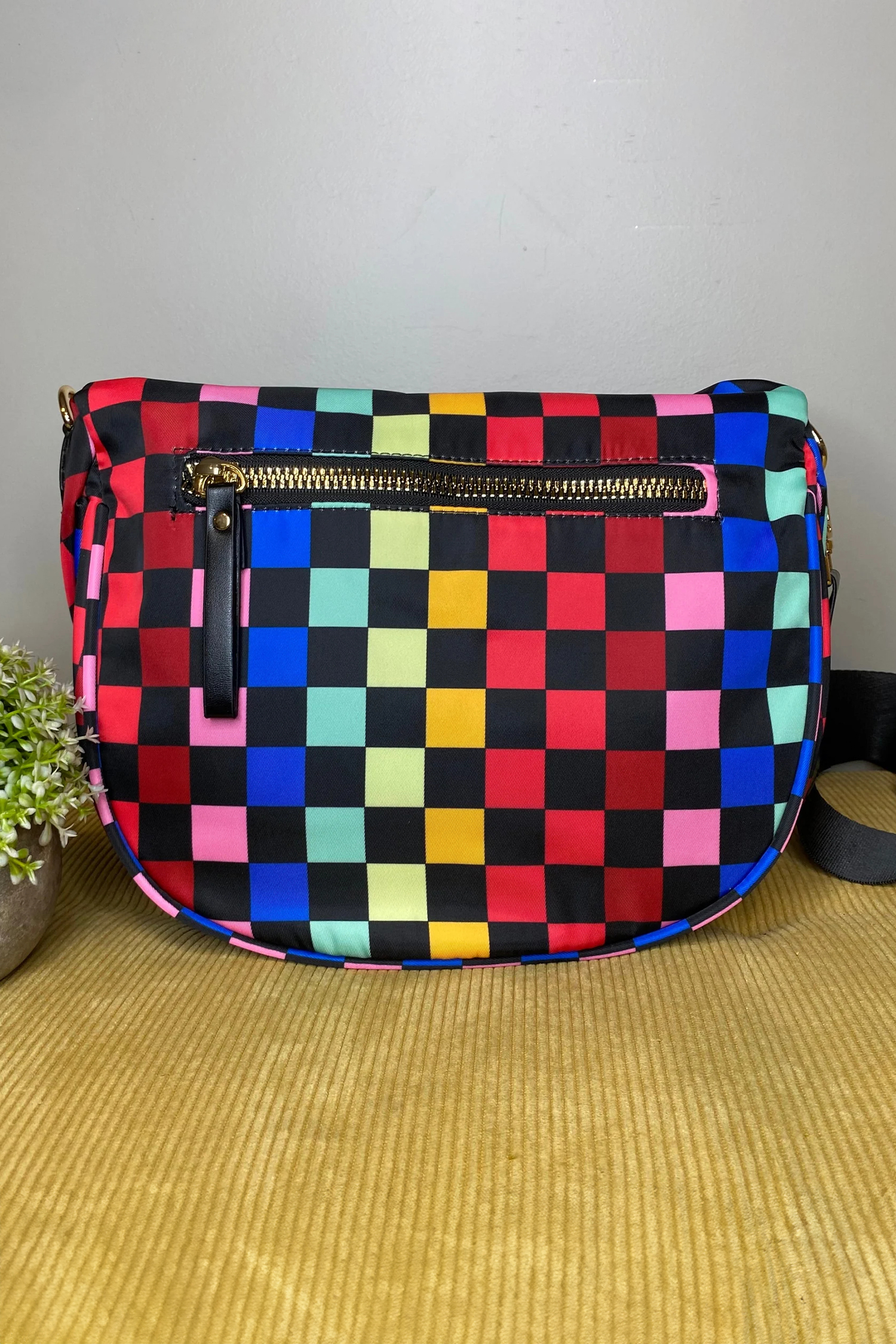 White Pretty Checkerboard Canvas Double Zip Crossbody Bag - loveforevers