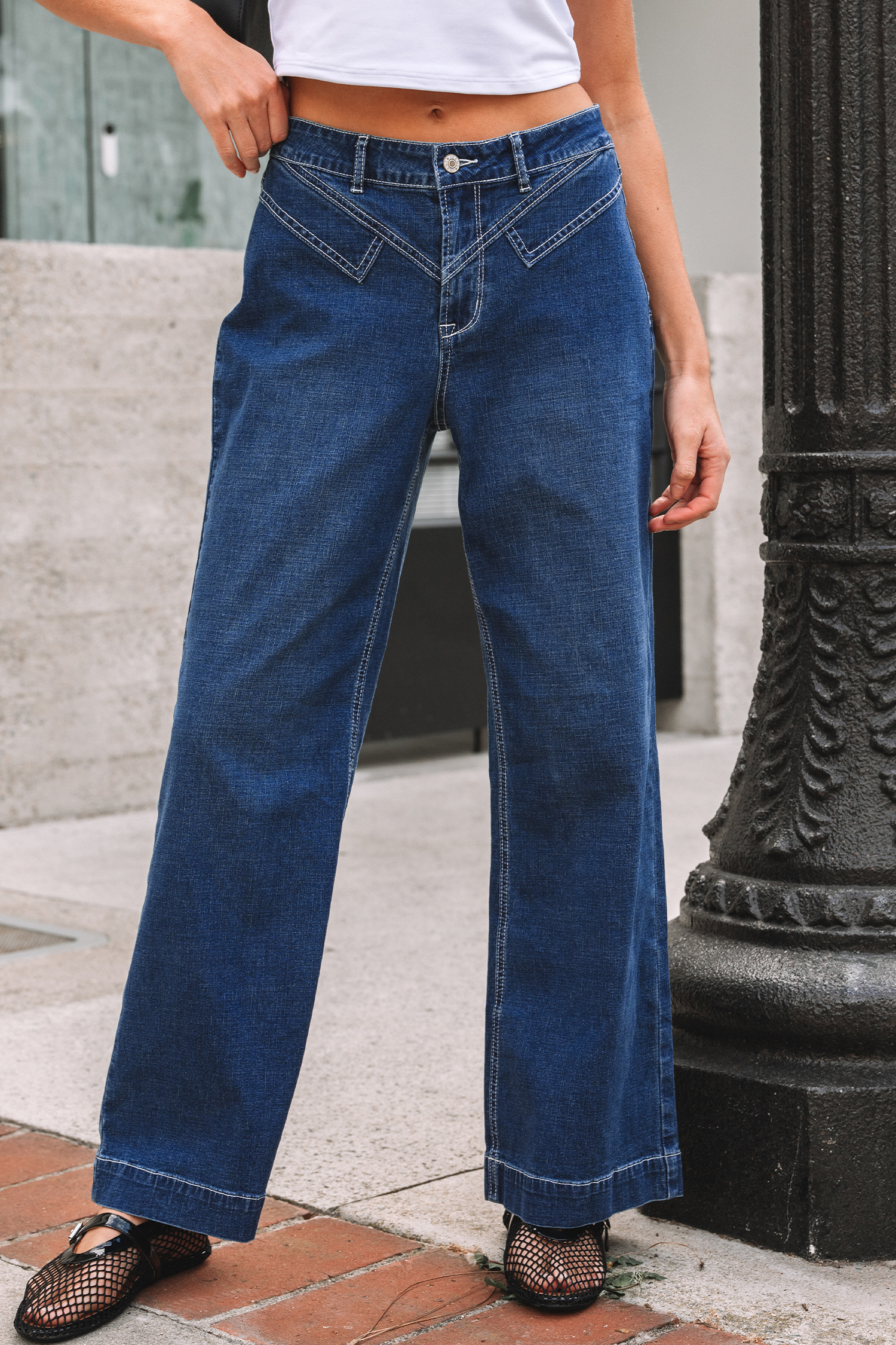 Sail Blue Stitched Waist Detail Loose Cuffed Jeans - loveforevers