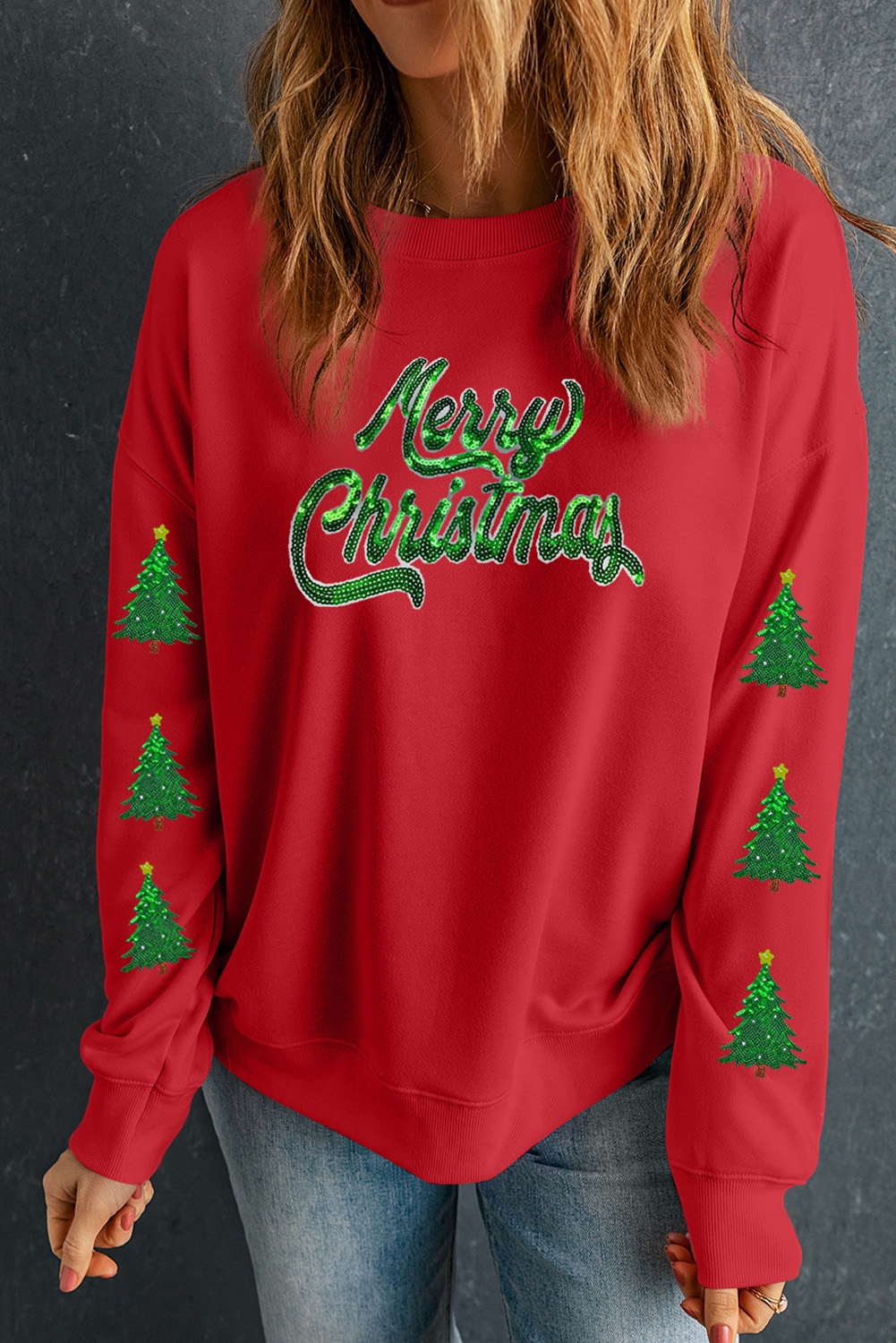 Red Shimmering Merry Christmas Tree Patched Pattern Festive Sweatshirt - loveforevers