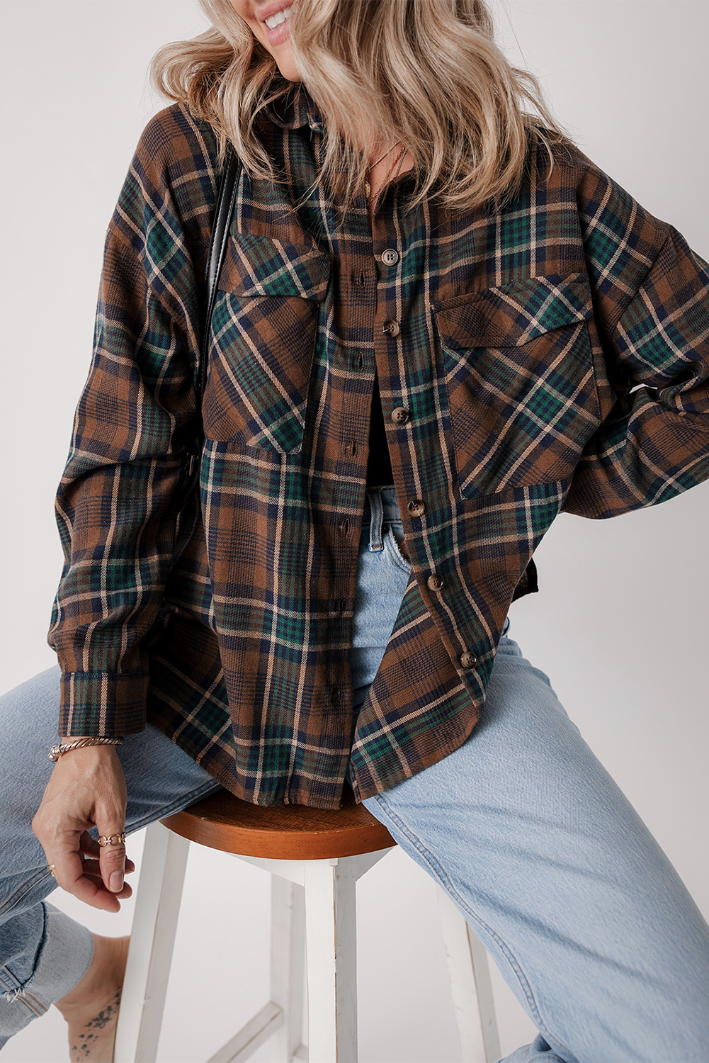 Brown Plaid Print Chest Pockets Buttoned Shirt Jacket - loveforevers