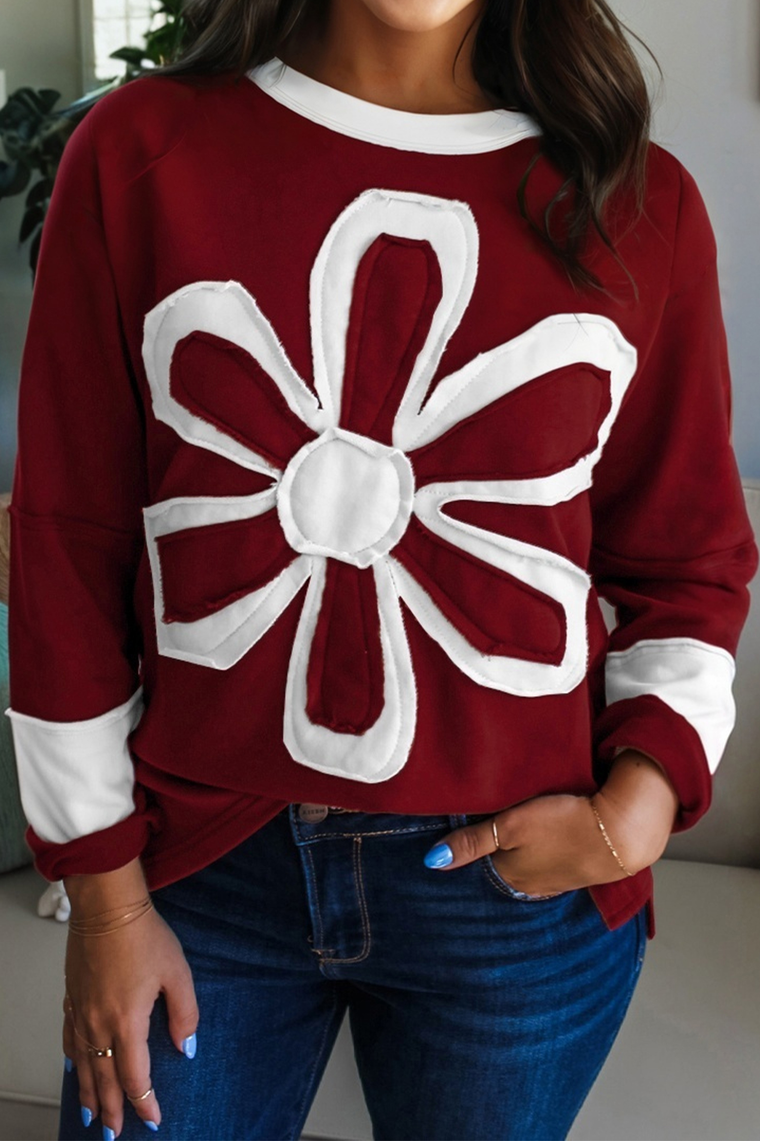 Red Dahlia Cheerful Daisy Flower Patched Round Neck Long Sleeve Top - loveforevers