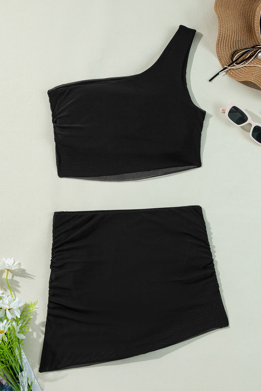 Black Pleated Mesh One Shoulder Bikini Top and Skirts Set - loveforevers