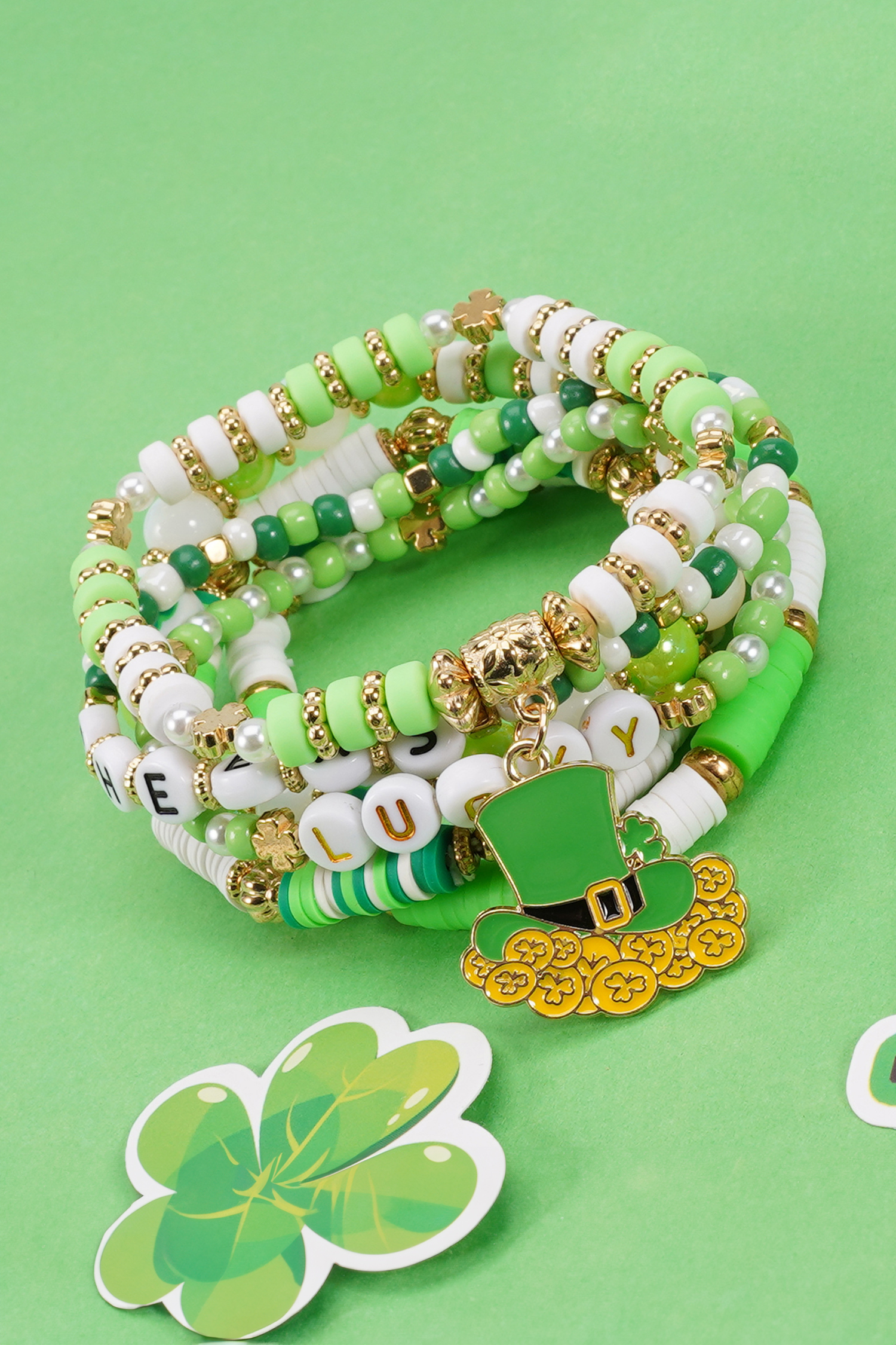 Green LUCKY CHEERS St Patricks Day Multilayered 6pcs Bracelet Set - loveforevers