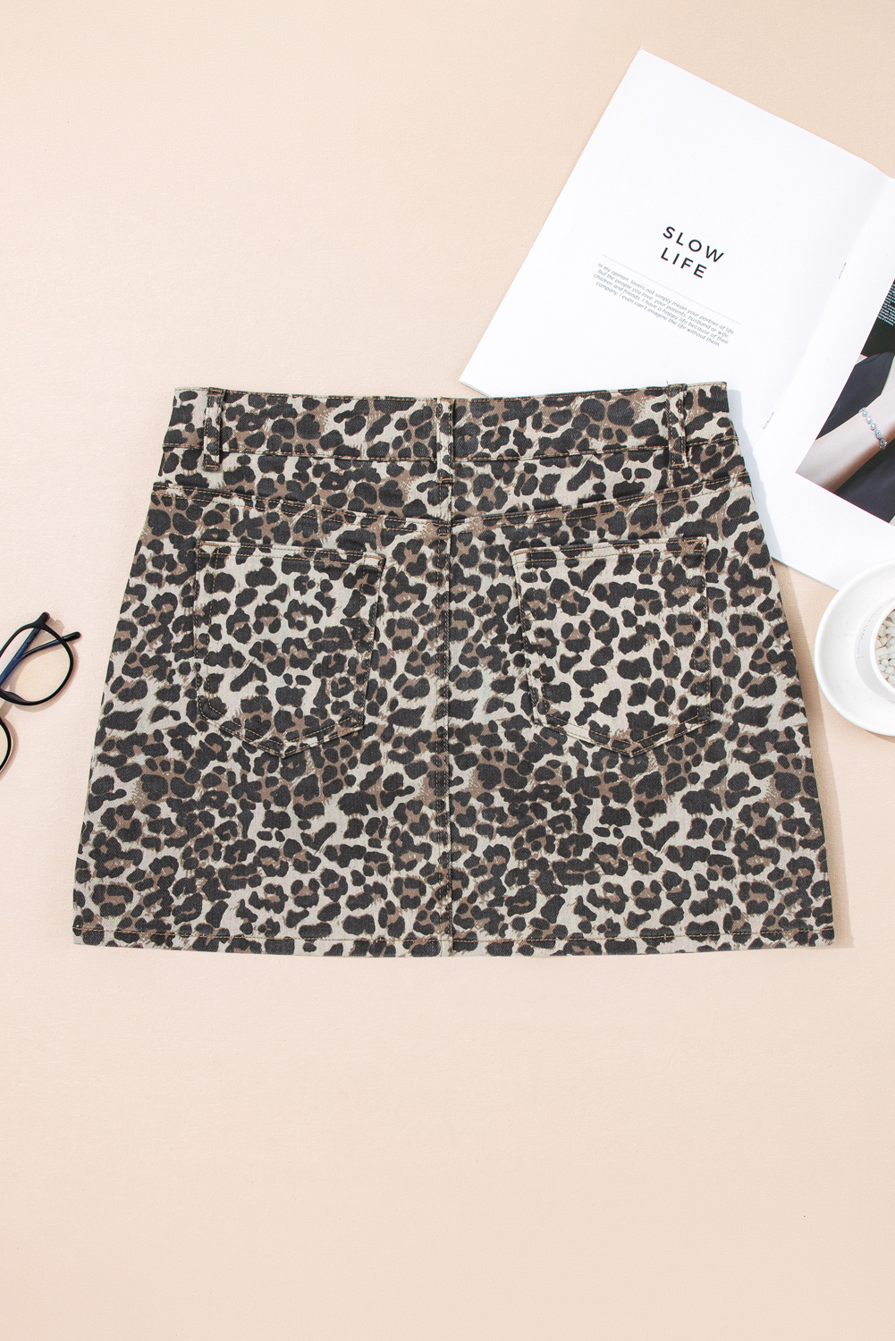 Khaki Leopard Denim Mini Skirt - loveforevers