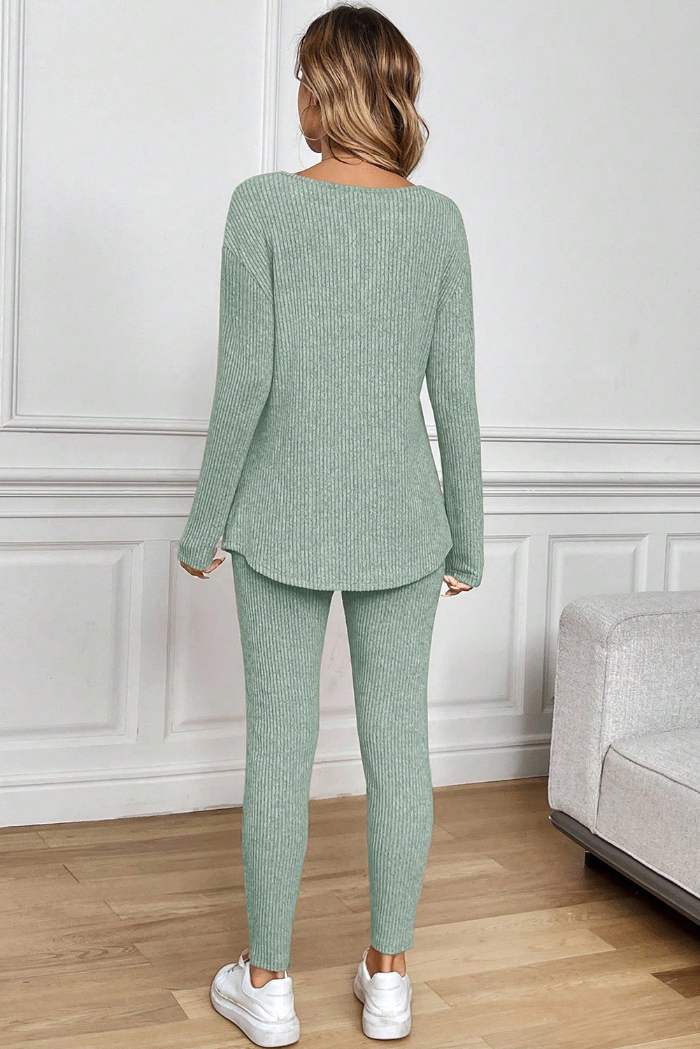 Black Ribbed Notched Neck Knit Long Sleeve Leggings Two Pieces Lounge Set - loveforevers