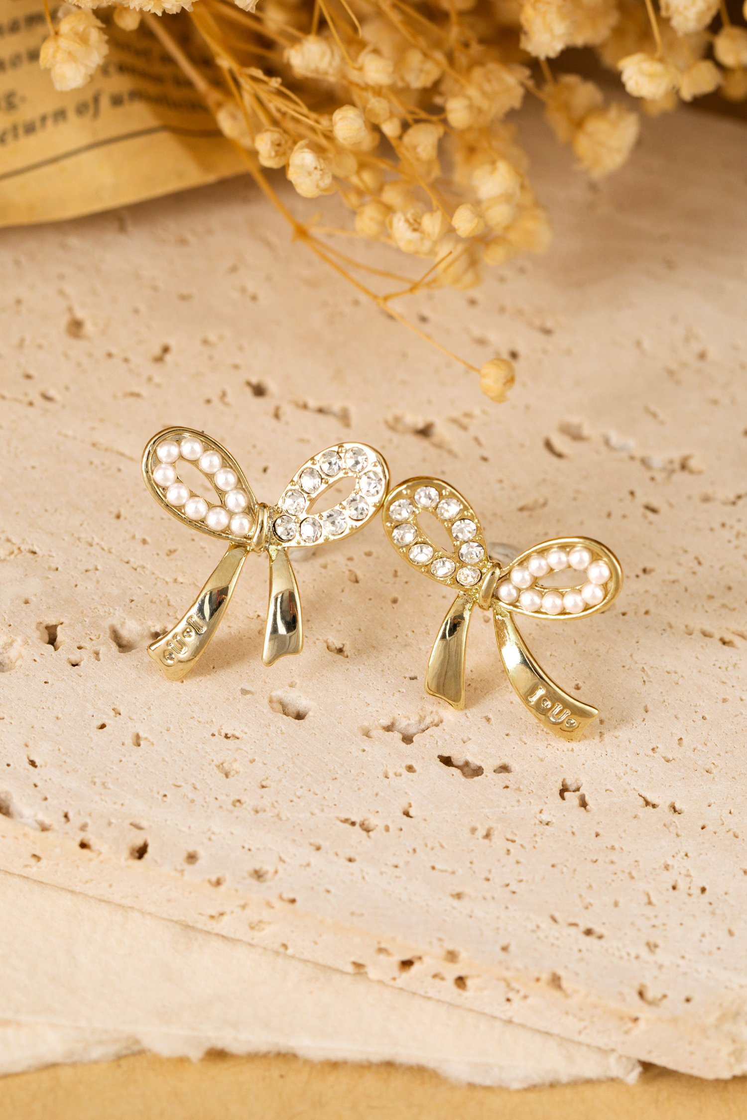 Gold Rhinestone Pearl Bow Earrings - loveforevers
