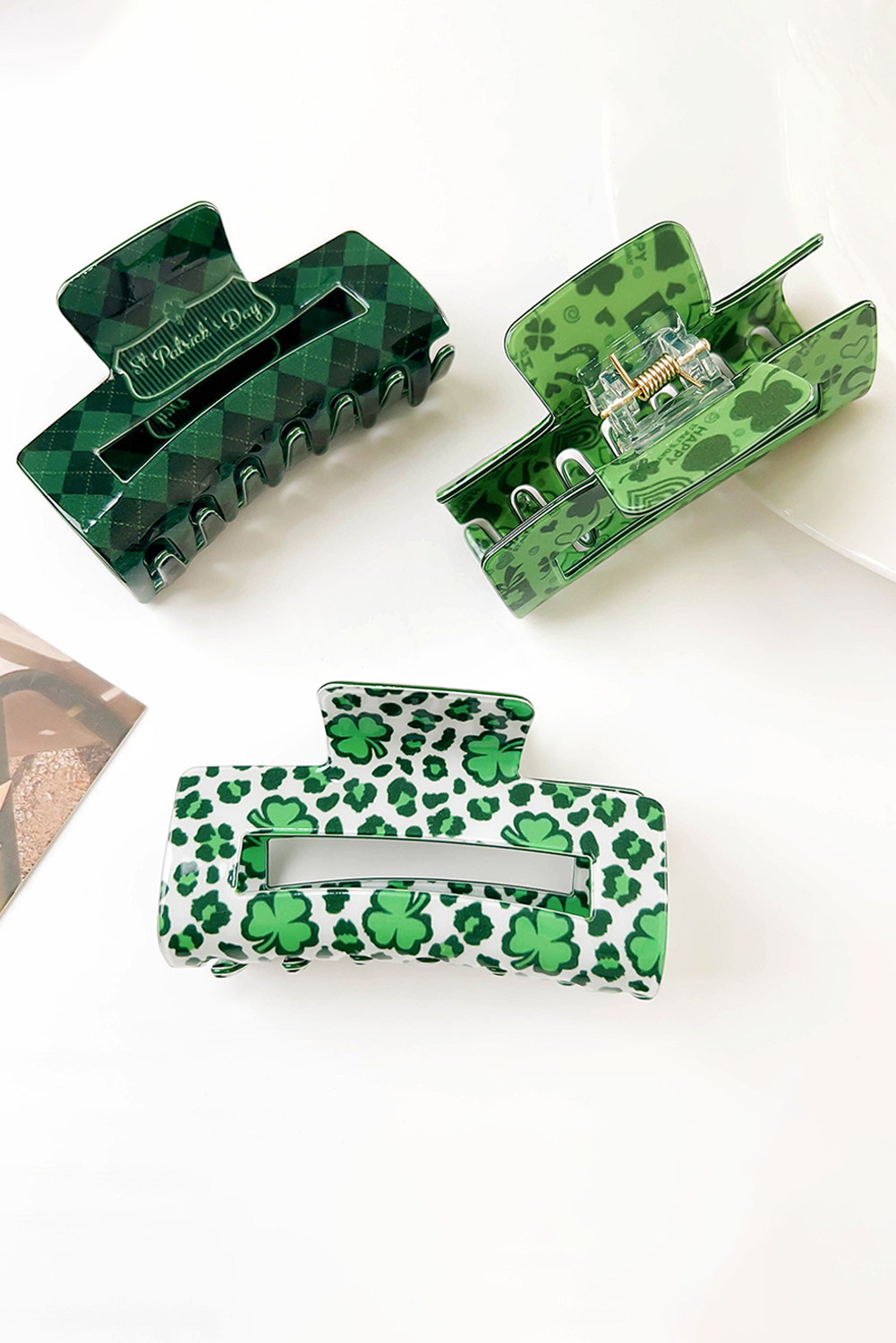 Grass Green St Patricks Clover Print Hollow Out Square Hair Clip - loveforevers