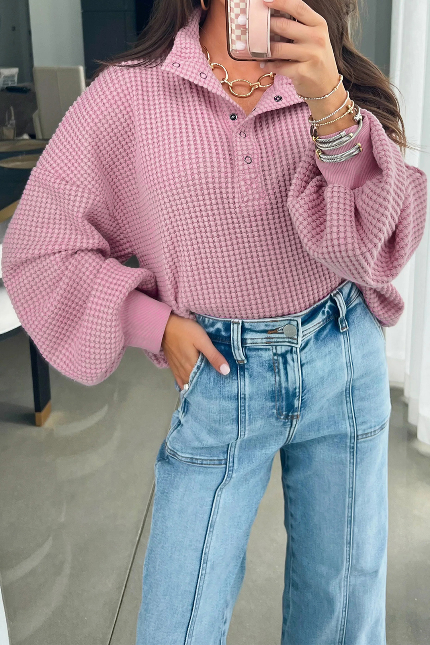 Light Pink Solid Color Textured Snap Button Collared Baggy Top - loveforevers