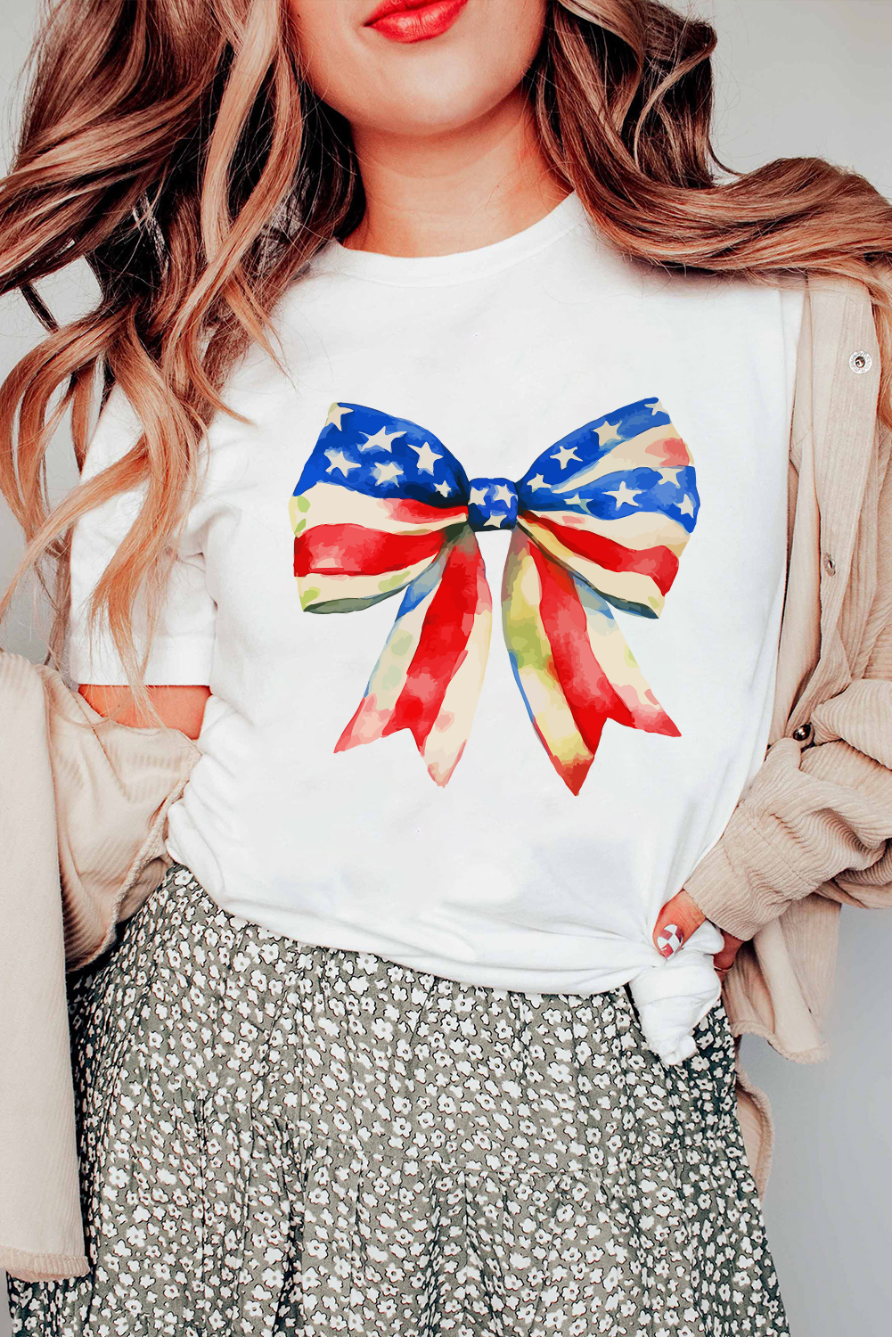 White Independence Day Splash Bow Pattern T Shirt - loveforevers