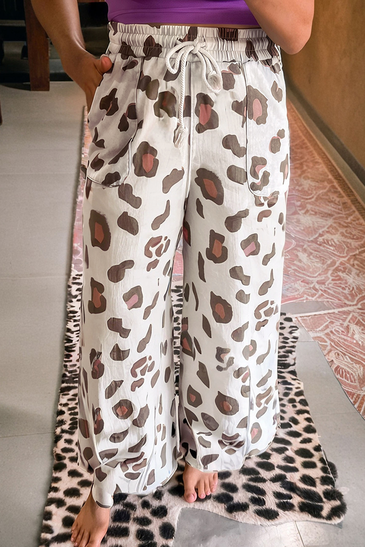 Beige Drawstring Leopard Print Patch Pocket Loose Pants - loveforevers