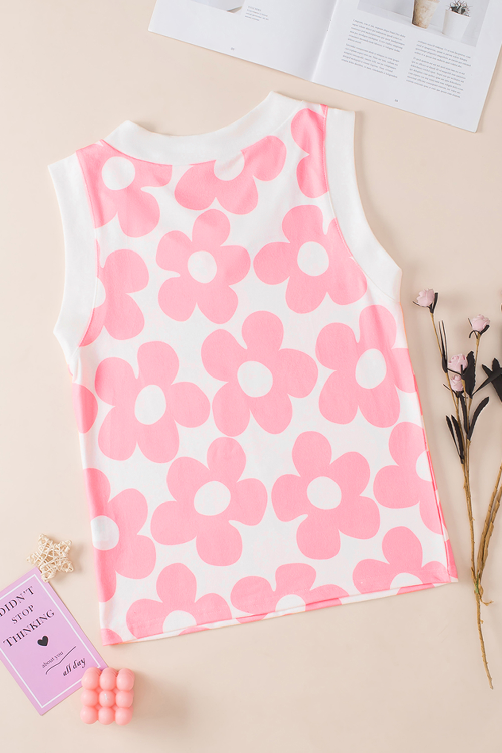 Pink Cute Flower Knitted V Neck Tank Top - loveforevers