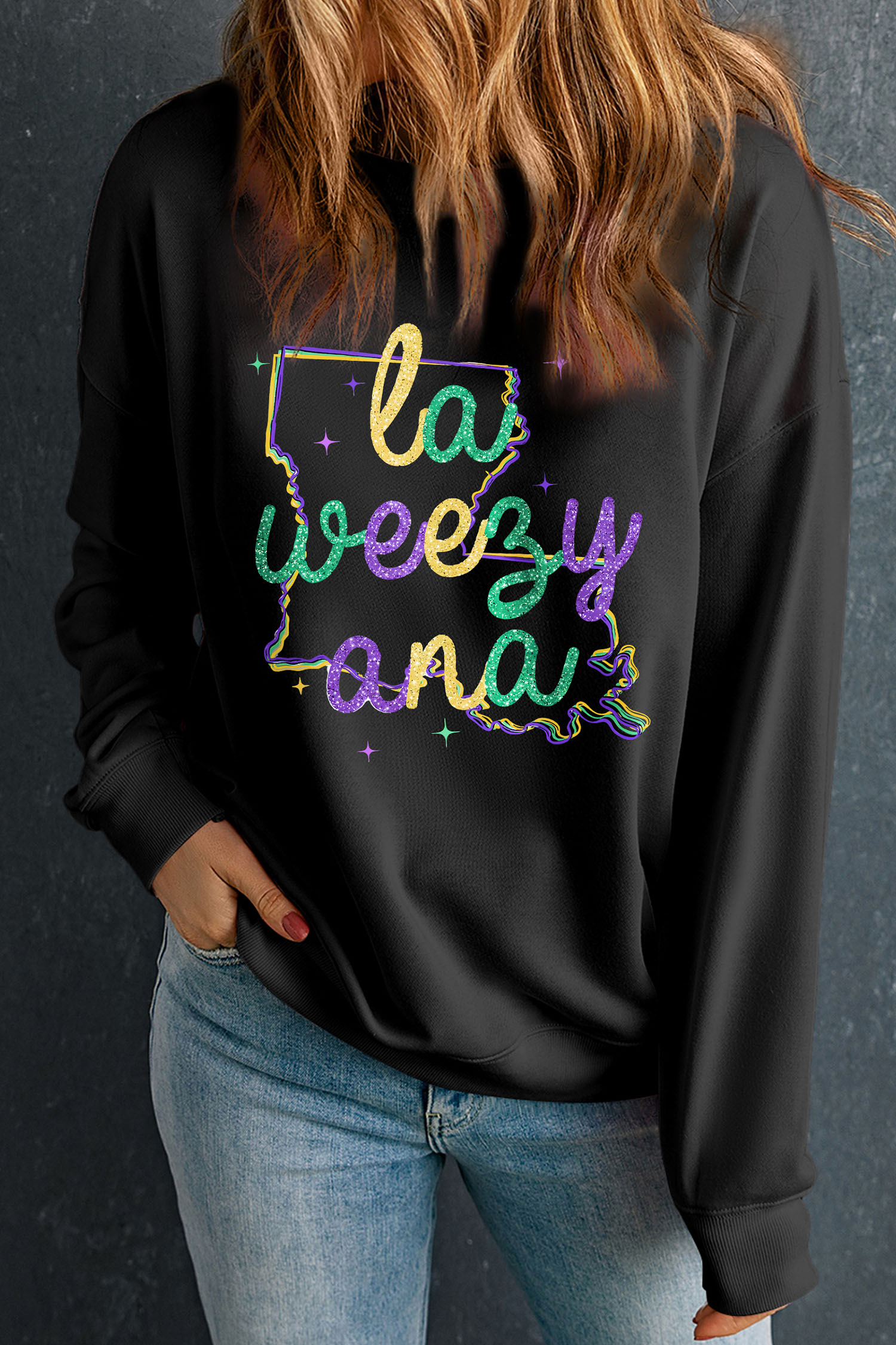 Black la weezy ana Mardi Gras Graphic Pullover Sweatshirt - loveforevers