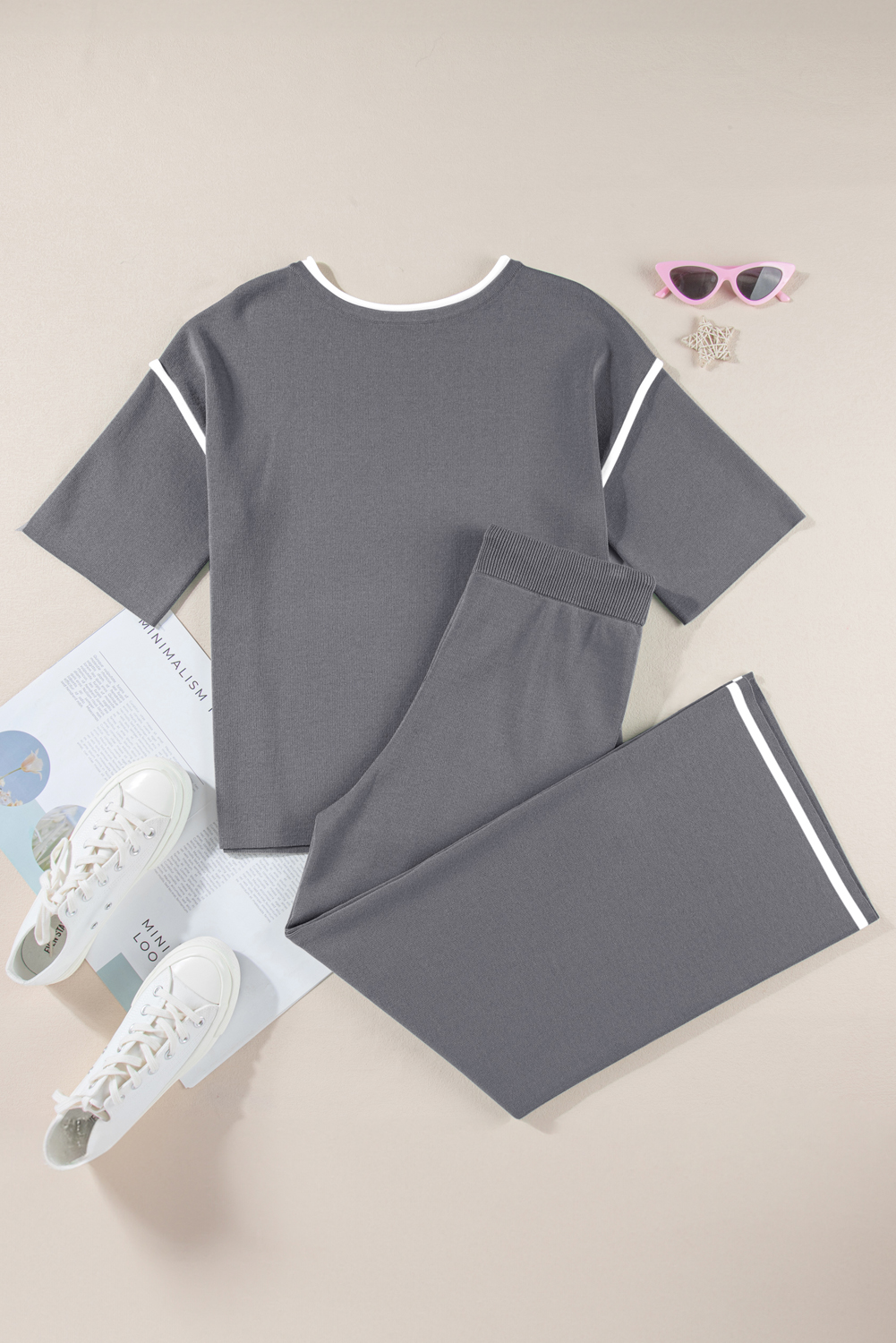 Blackish Green Contrast Trim Half Sleeve Top Drawstring Pants Loose 2pcs Sweater Suit - loveforevers