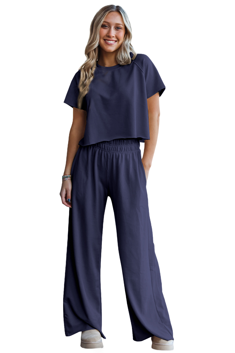 Navy Blue Raw Hem Loose Tee and Wide Leg Pants Set - loveforevers
