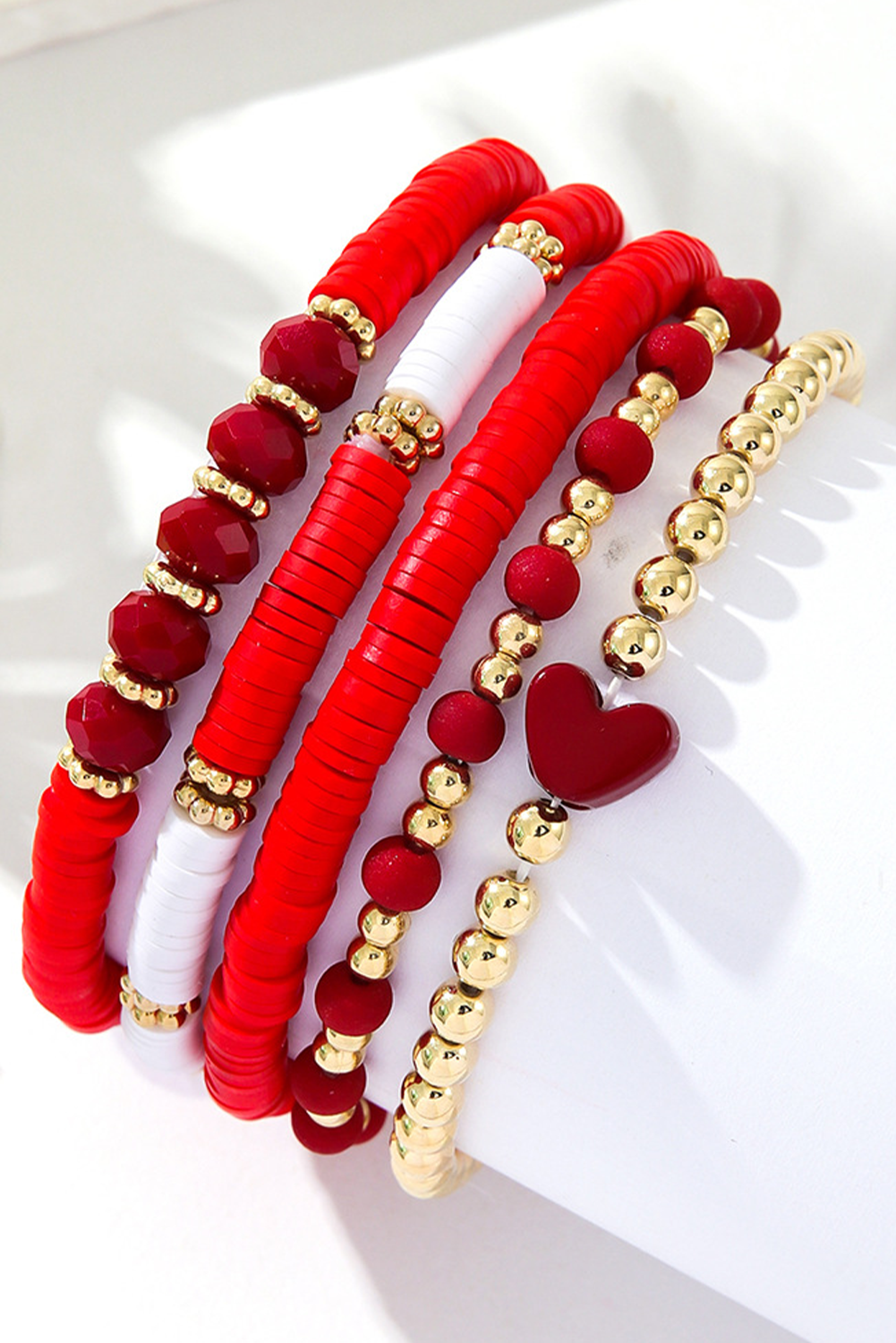 Fiery Red Heart Beaded Multi Layered Elastic Bracelet Set - loveforevers