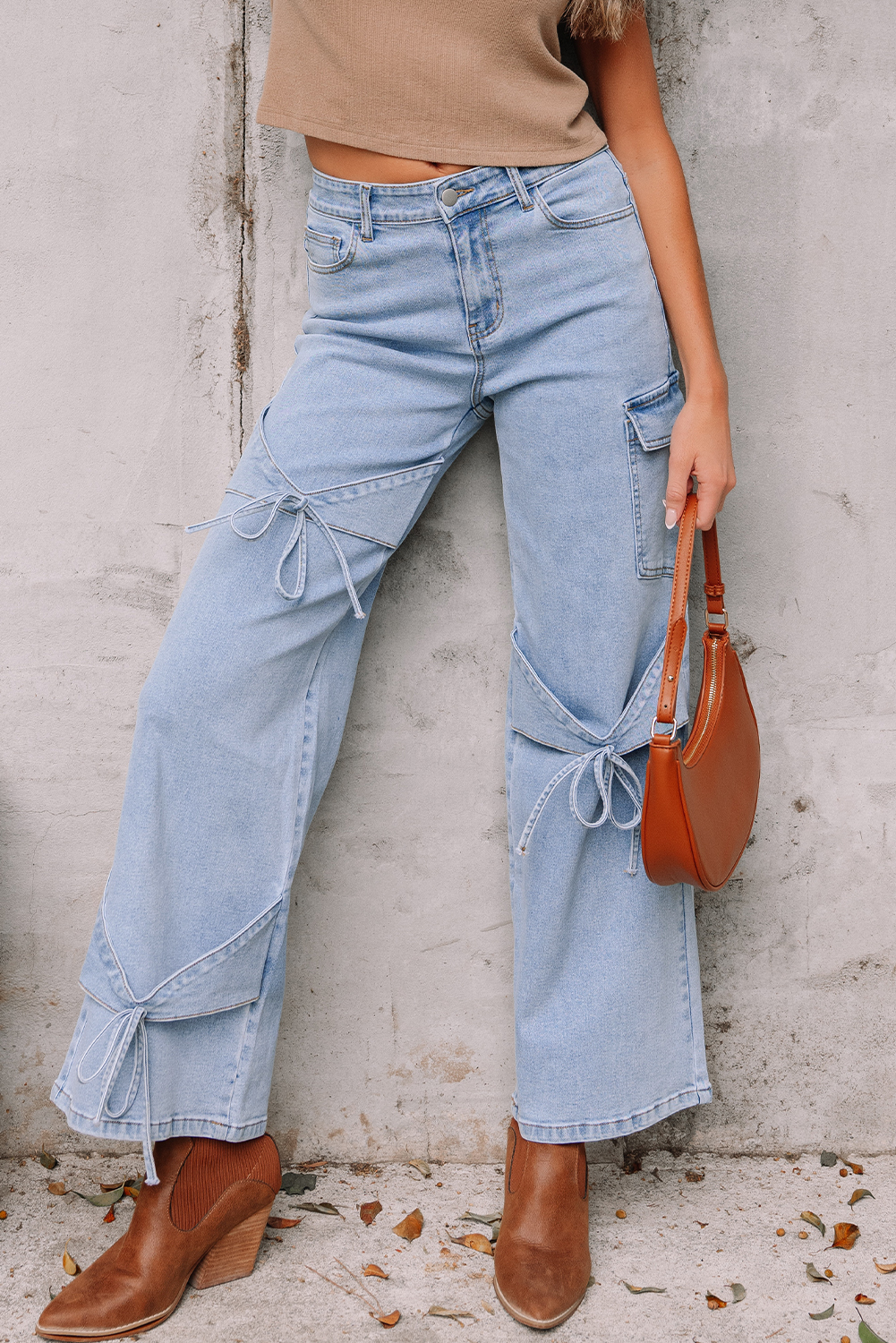 Beau Blue Bowknot Decor Boyfriend Cargo Jeans - loveforevers
