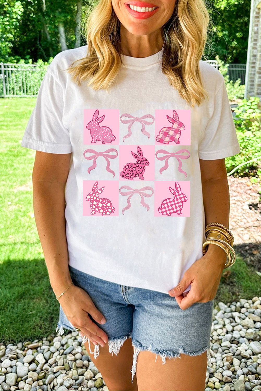 White Bunny Bowknot Graphic Easter Fashion T Shirt - loveforevers