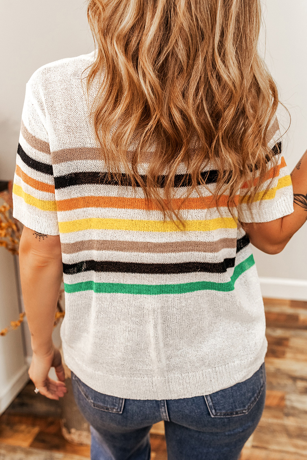 White Striped Pocketed Loose Fit Crewneck Knitted T Shirt - loveforevers