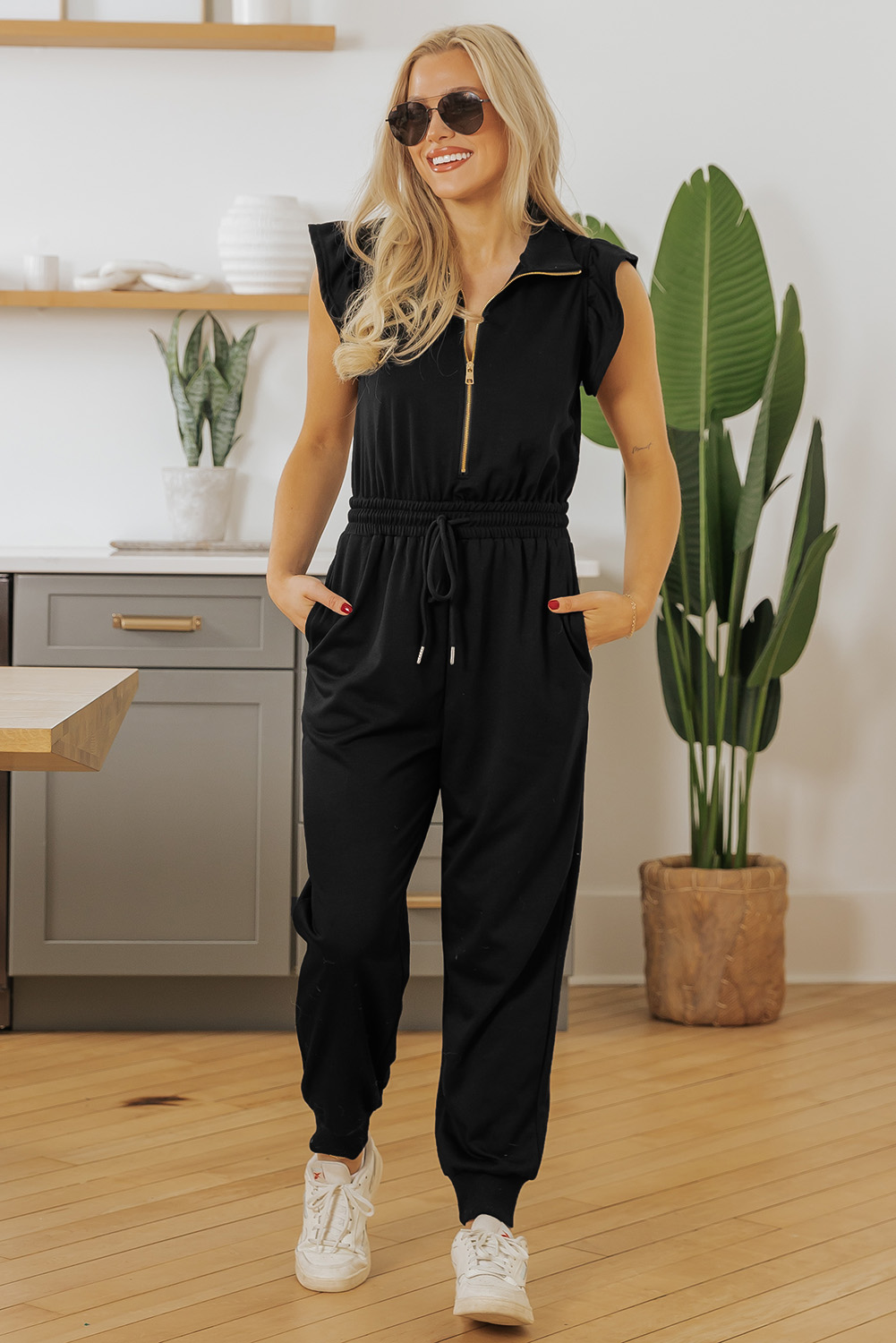 Black Zipper Flutter Sleeve Drawstring Elastic Waistband Jumpsuit - loveforevers