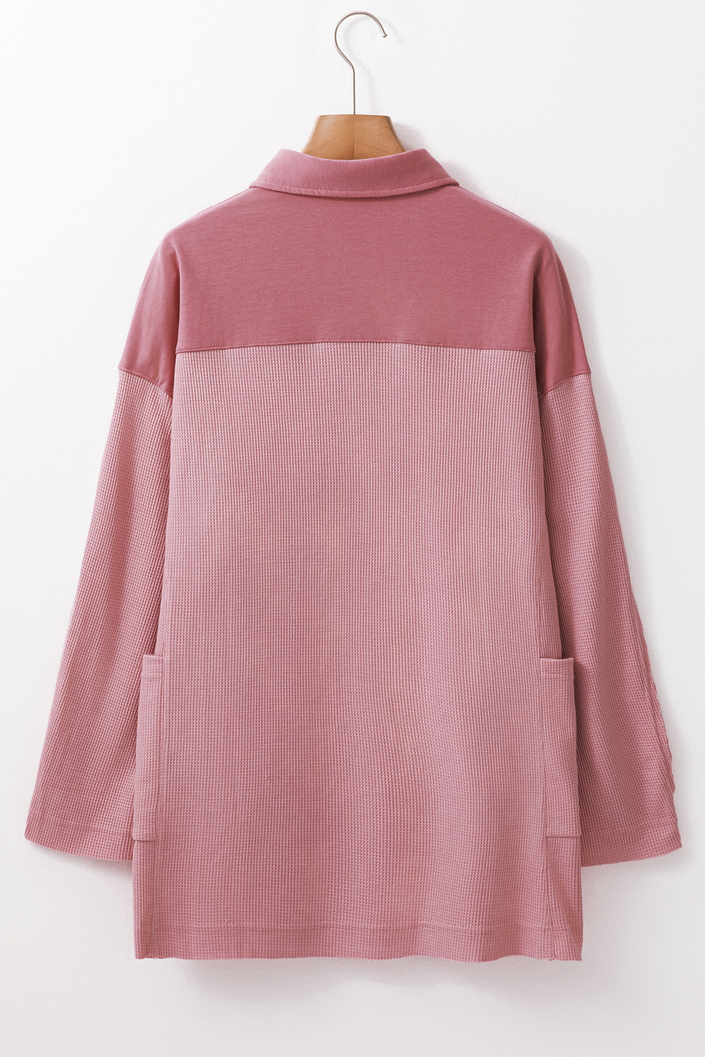 Pink Waffle Long Sleeve Collar Half Button Loose Top - loveforevers