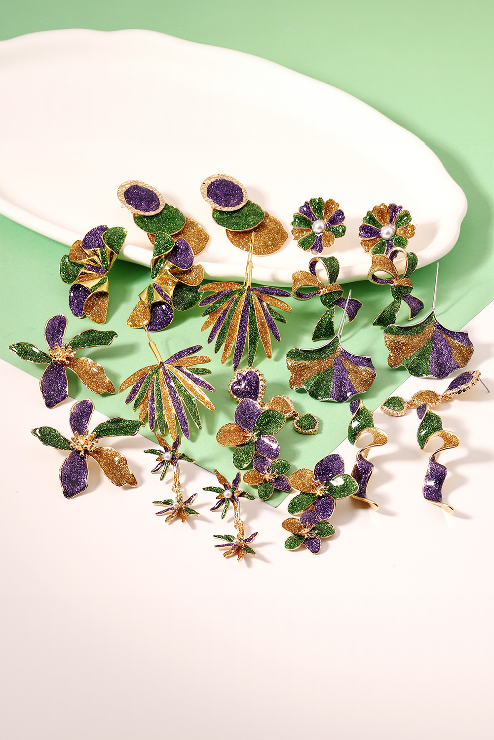 Tillandsia Purple 3D Mardi Gras Bow Dazzling Earrings - loveforevers