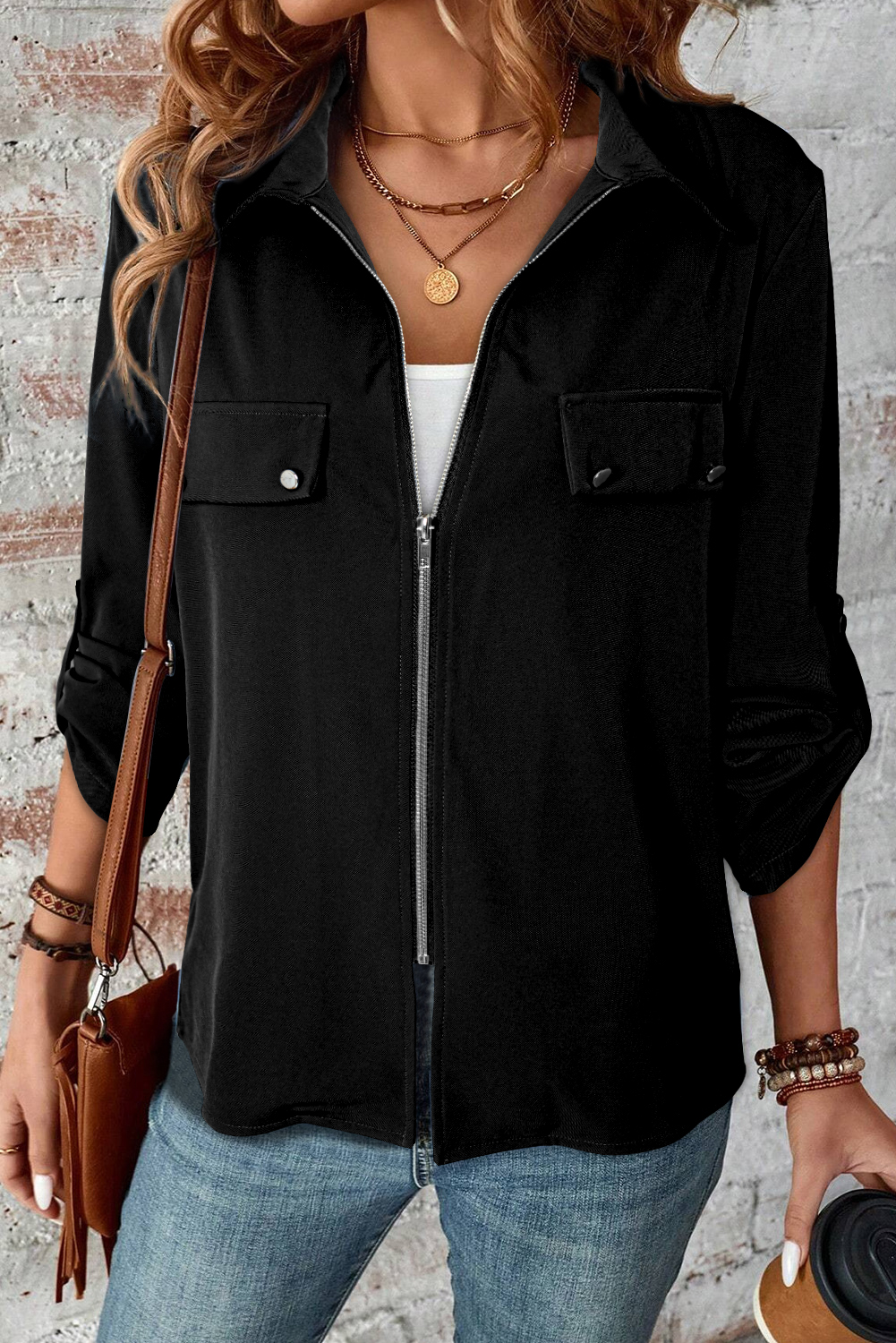 Red Dahlia Collar Tab Sleeve Zip Up Flap Detail Jacket - loveforevers