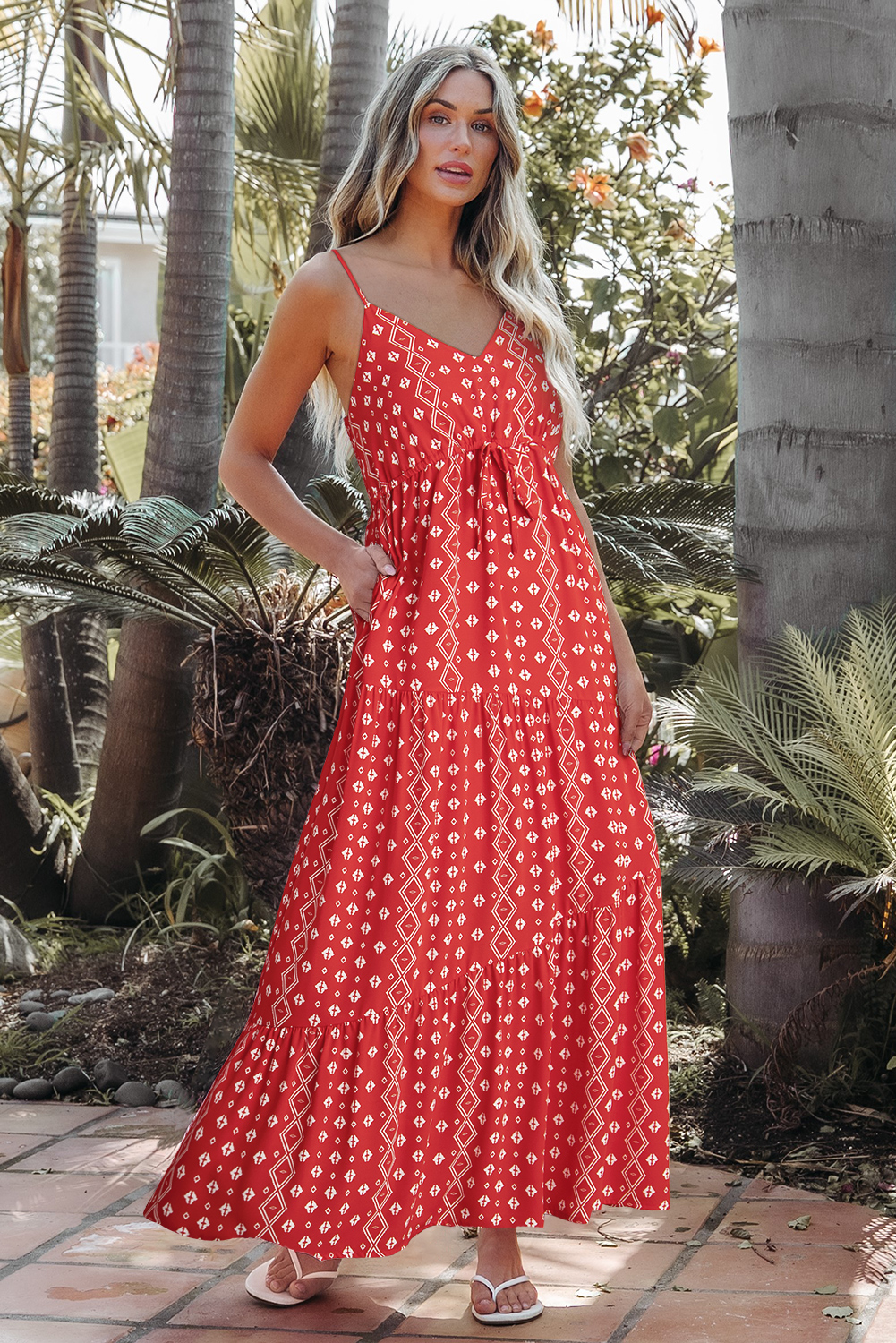 Red Boho Fashion Print Spaghetti Straps Drawstring Maxi Dress - loveforevers