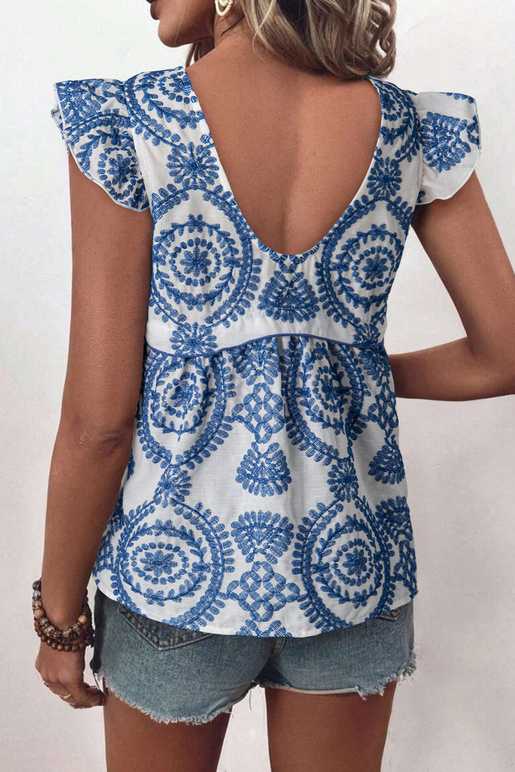 Blue Boho Print Flutter Sleeve Crew Neck Blouse - loveforevers