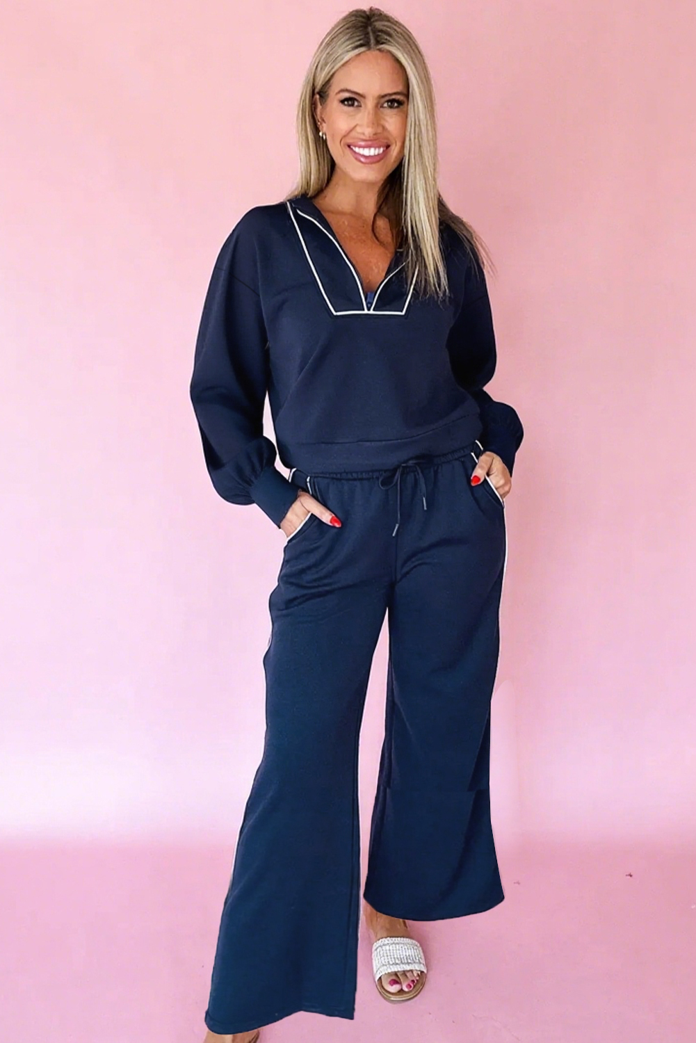 Navy Blue Contrast Piping Zipped Pullover Cropped Pants Set - loveforevers