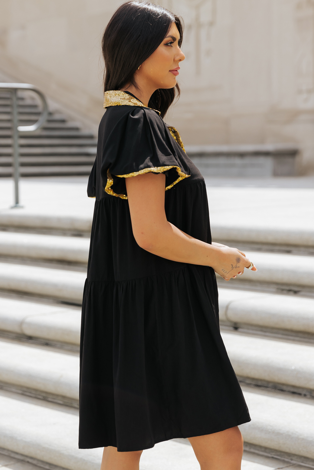 Black Sequin Trim Bubble Sleeve Game Day Shirt Dress - loveforevers