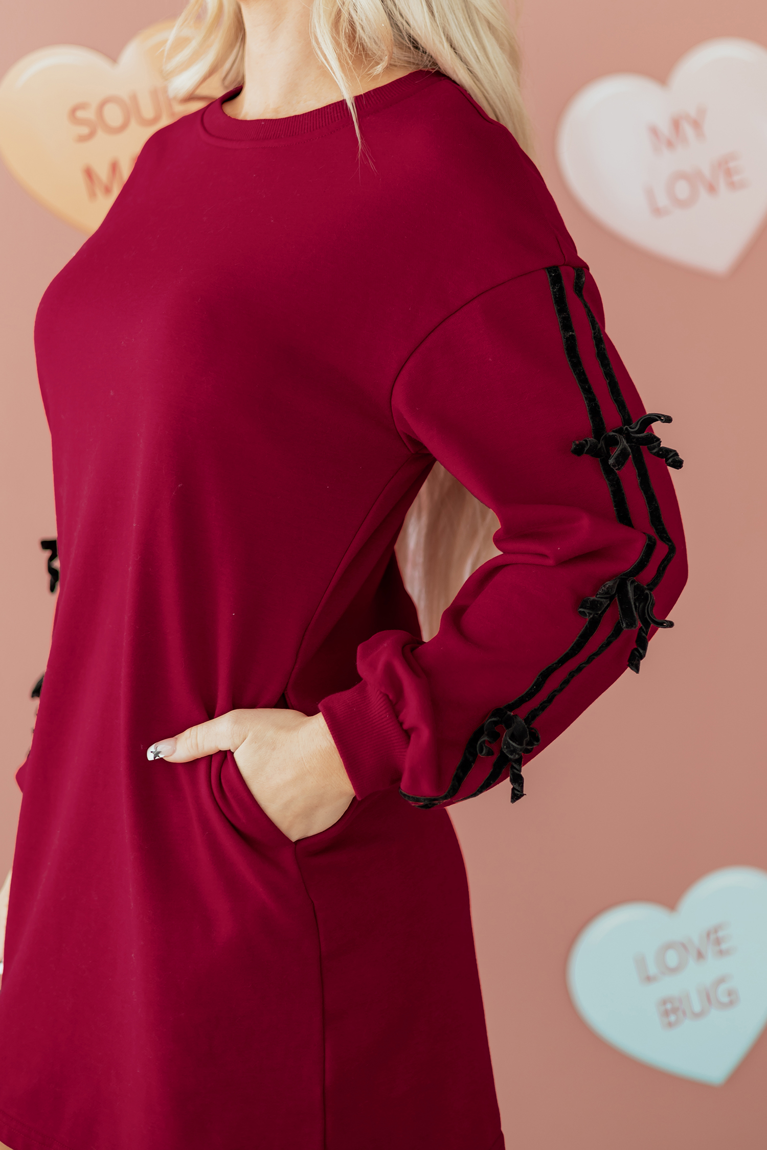 Racing Red Contrast Striped Bow Detail Drop Shoulder Sweatshirt Dress with Pockets - loveforevers