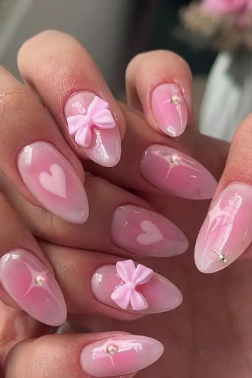 Pink Heart Print Bow Rhinestone Decor Almond Shape False Nail - loveforevers