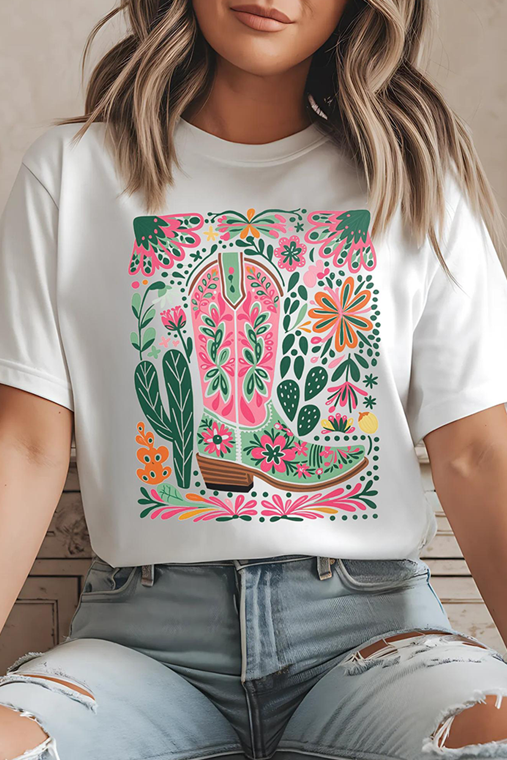 White Western Boot Flower Print Crew Neck Loose Tee - loveforevers