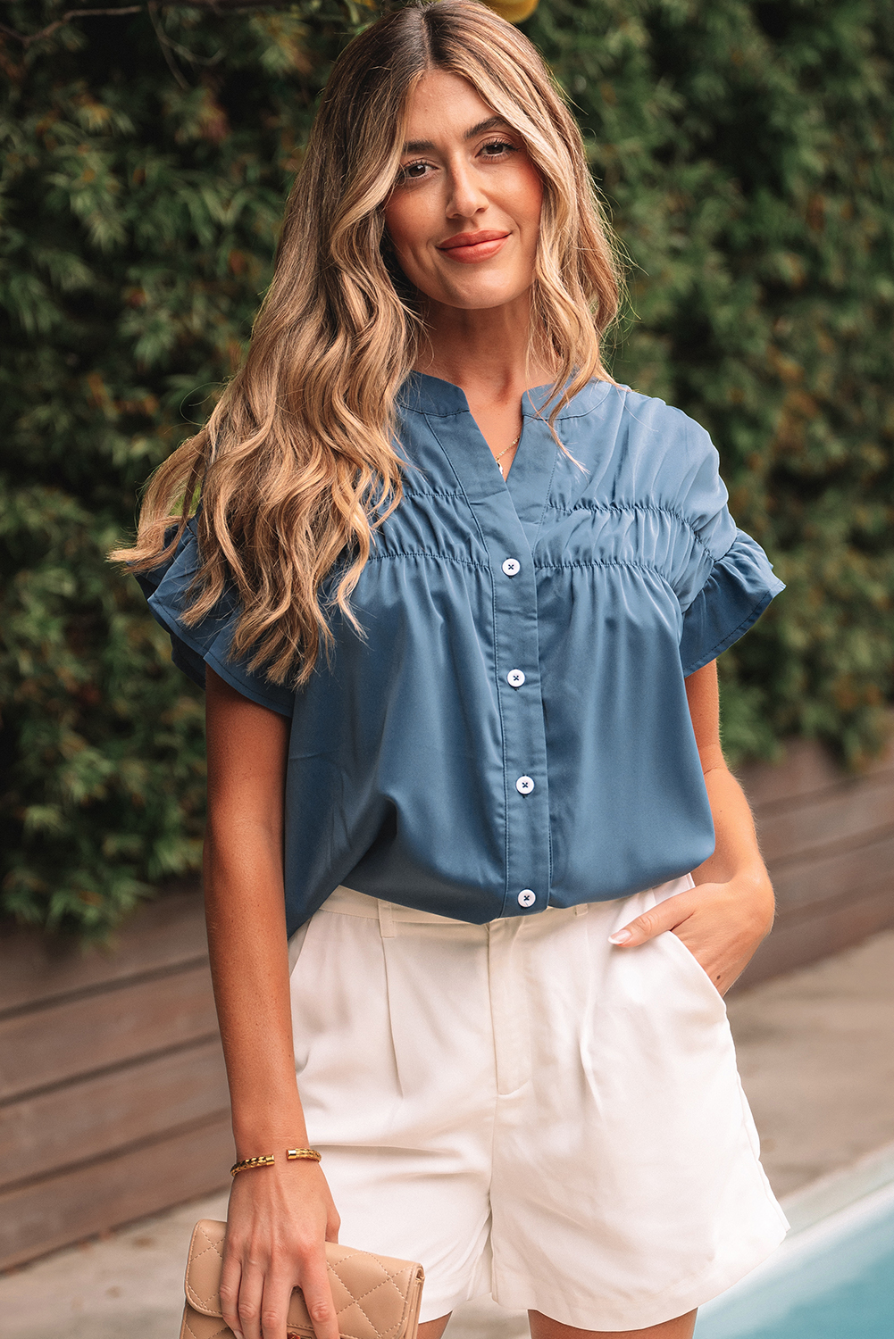 Real Teal Solid Color Ruffle Ruched Short Sleeve Buttoned Shirt - loveforevers