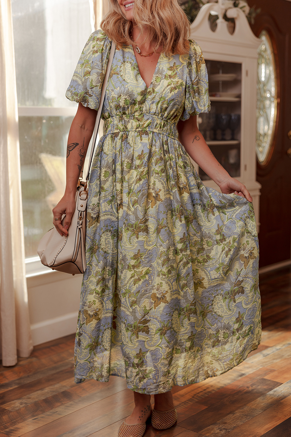 Multicolour Vintage Floral V Neck Short Puff Sleeve Long Dress - loveforevers