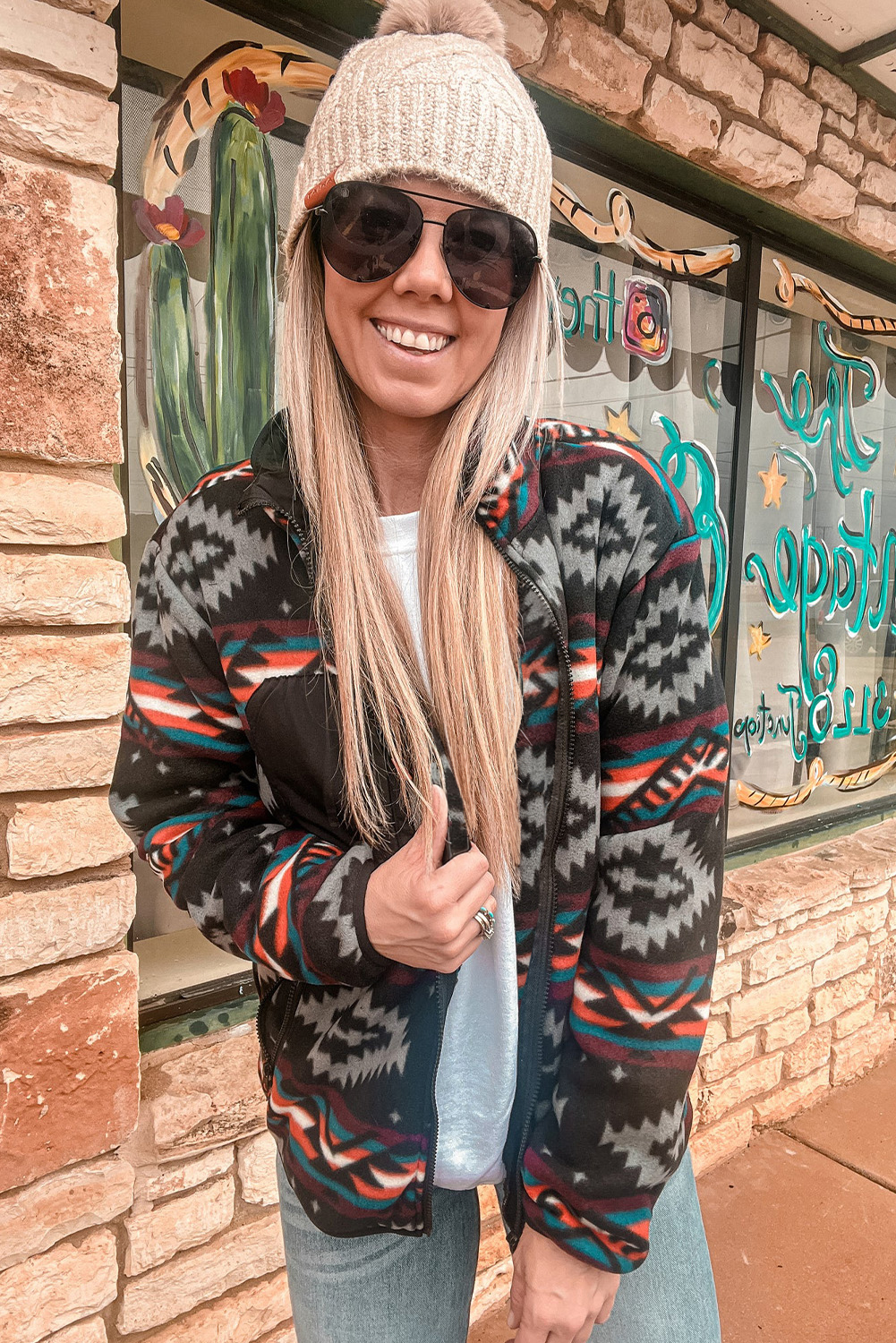 Black Aztec Printed Zip Up Collar Jacket - loveforevers