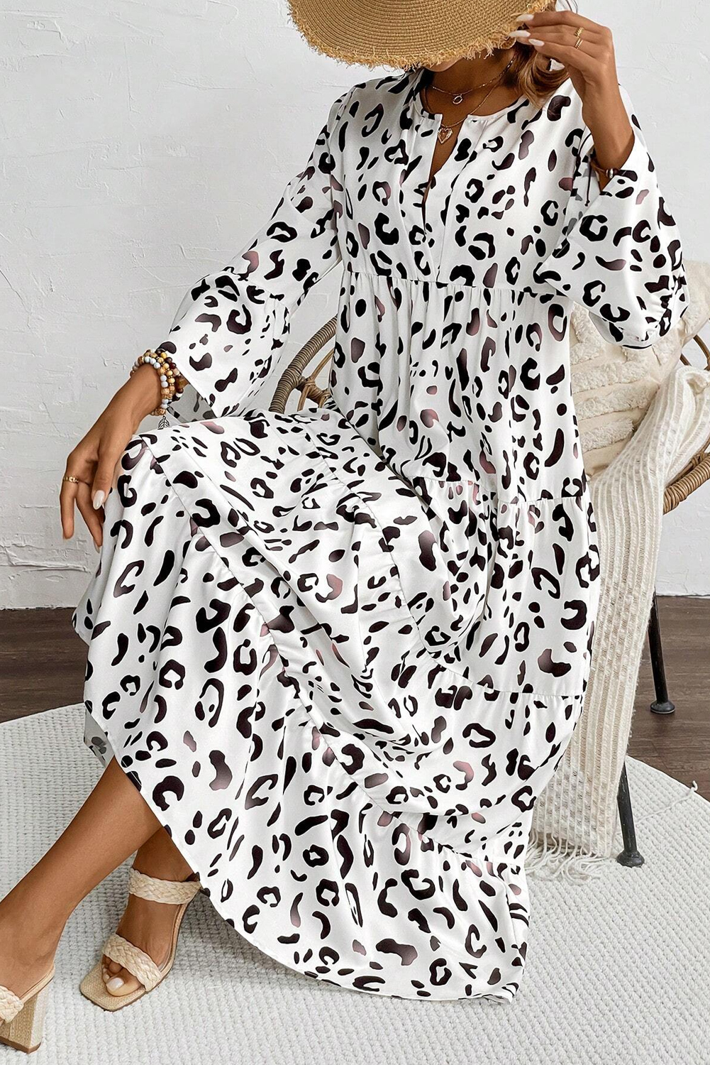 White Leopard Print Notch V Neck Loose Fit Maxi Dress - loveforevers