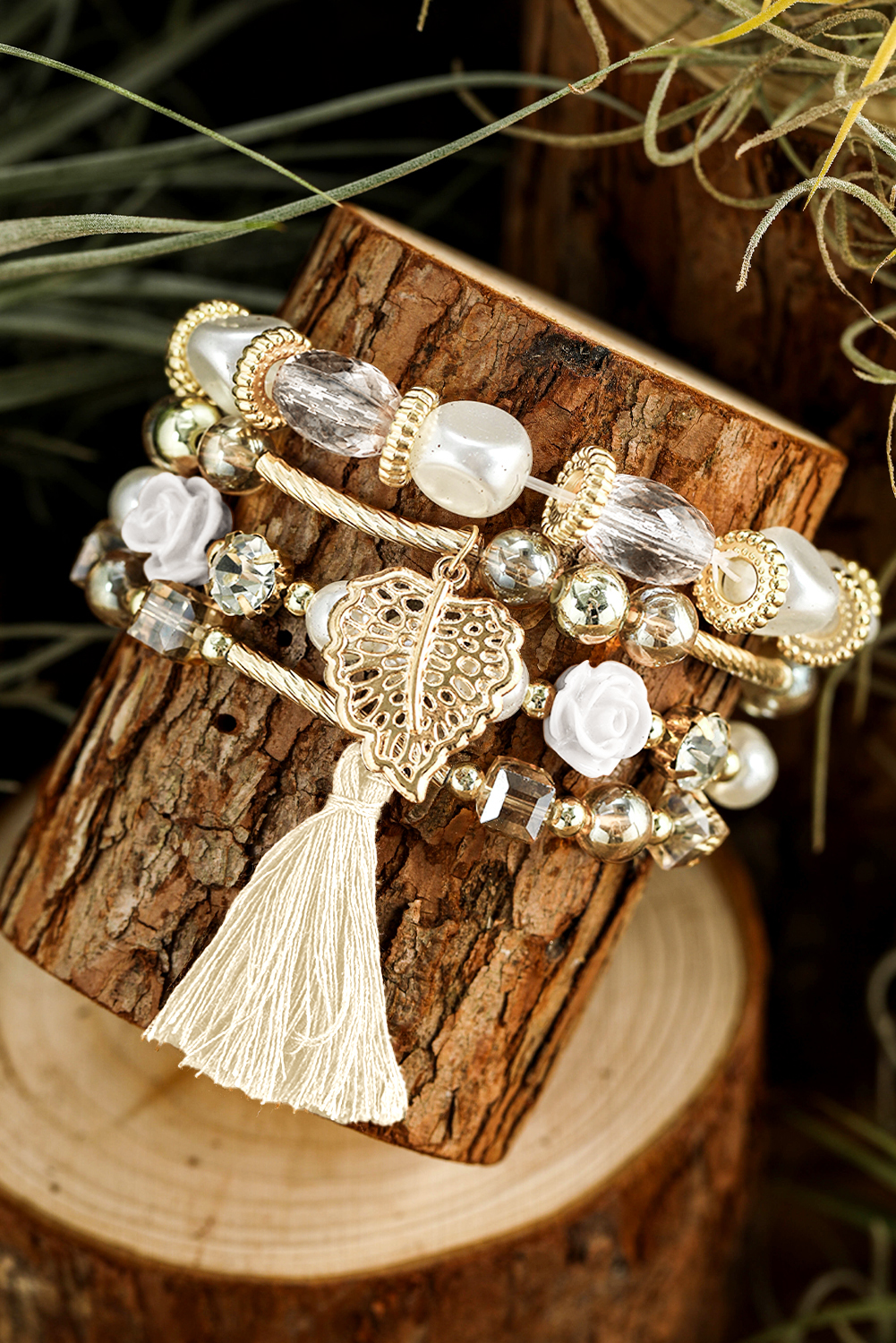 White Bohemian Rhinestone Beaded Fringed Layered Bracelet - loveforevers